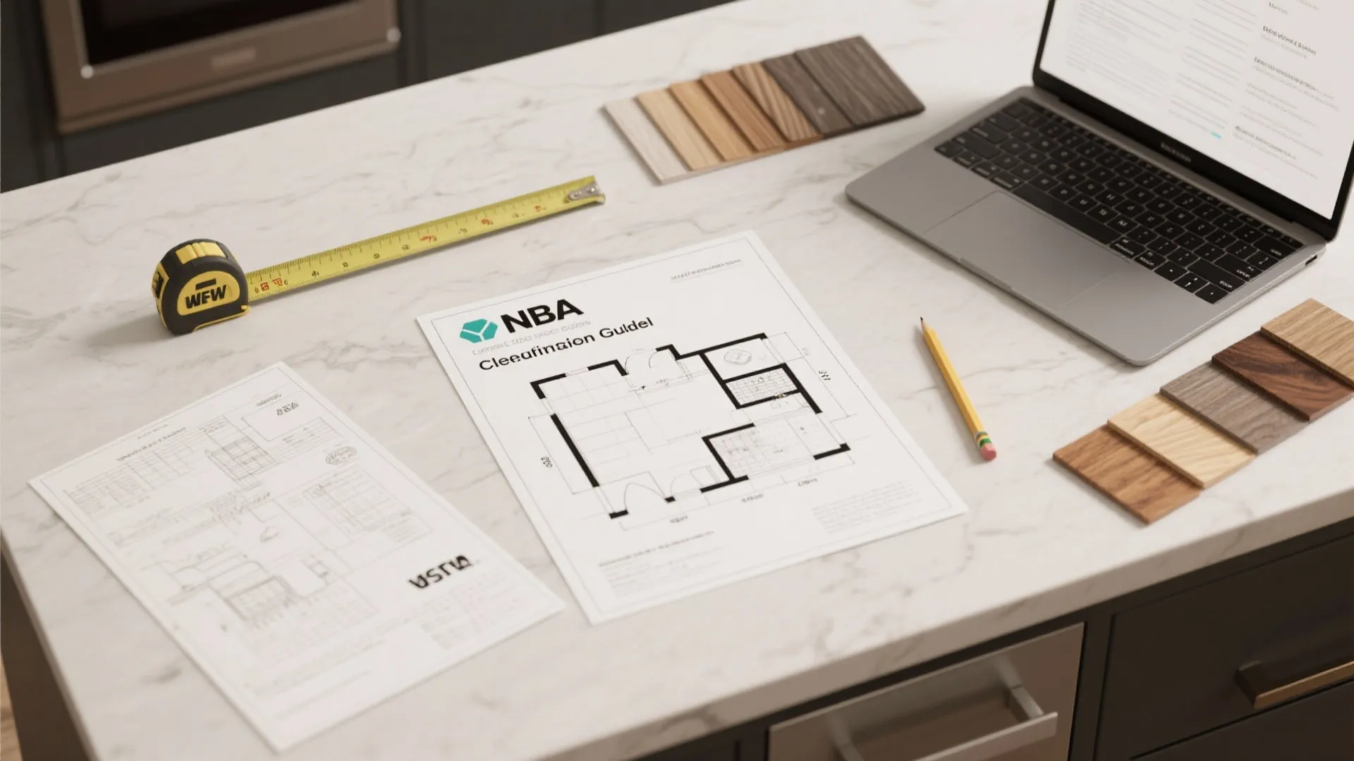 Flatlay of planning materials including NKBA guide, floor plans, tape measure, and material swatches.