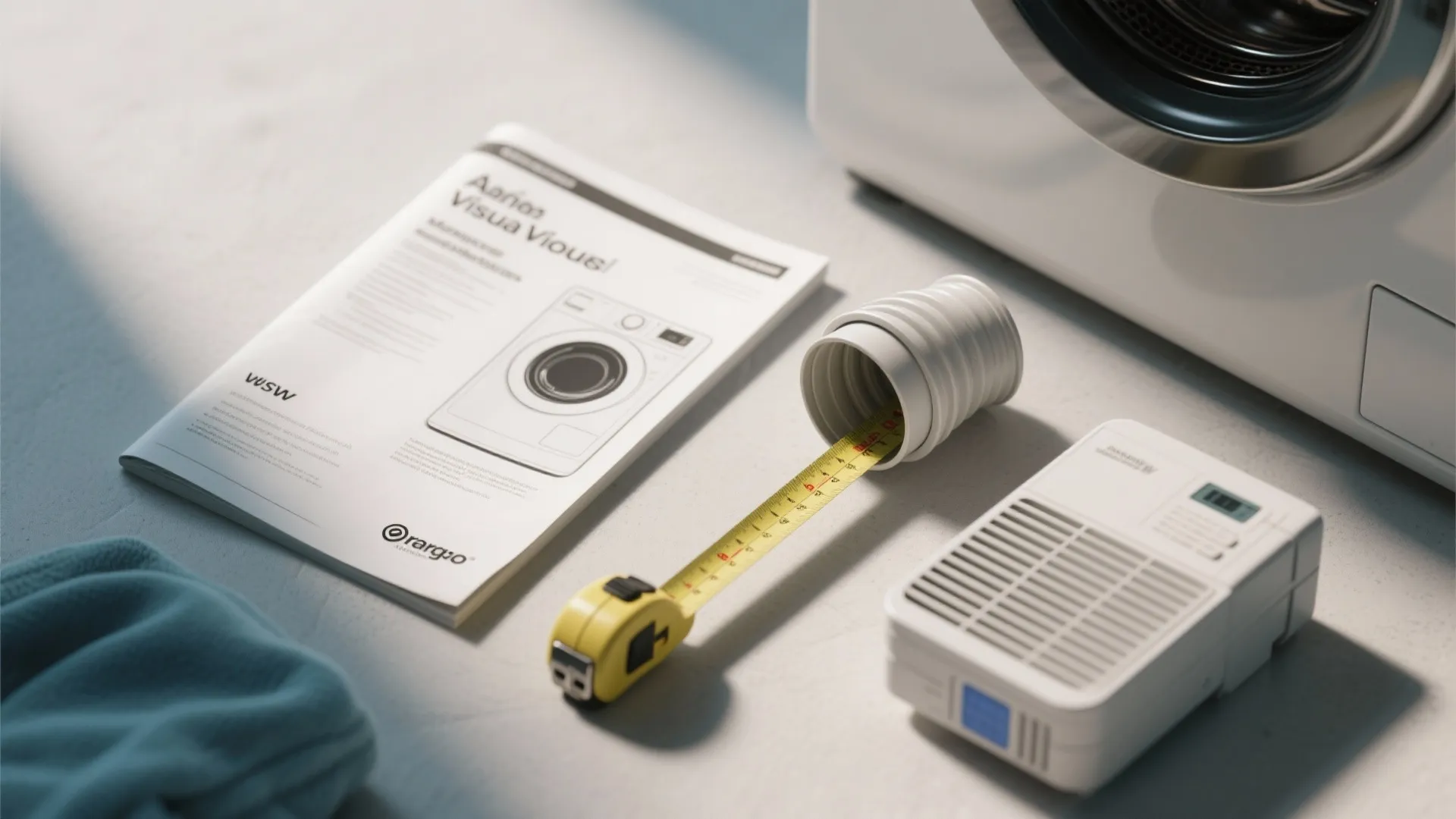 Washing machine manual and yellow measuring tape with vent parts on a clean floor for installation