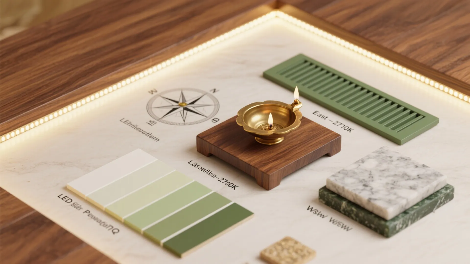 Interior design mood board with green color swatches marble stone samples and small brass lamp