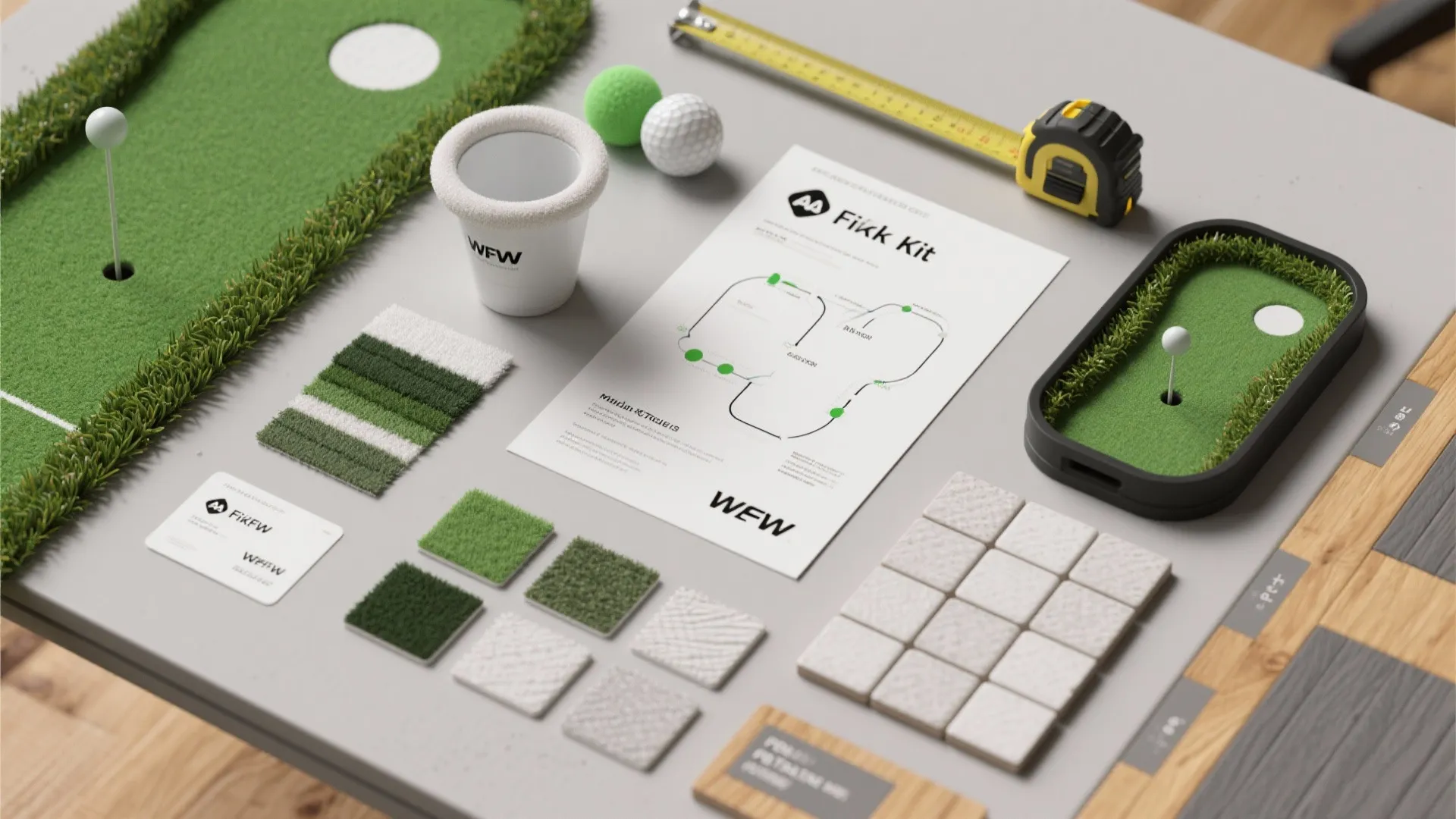 Table with interior design kit showing grass samples white tiles measuring tape and floor plan drawings