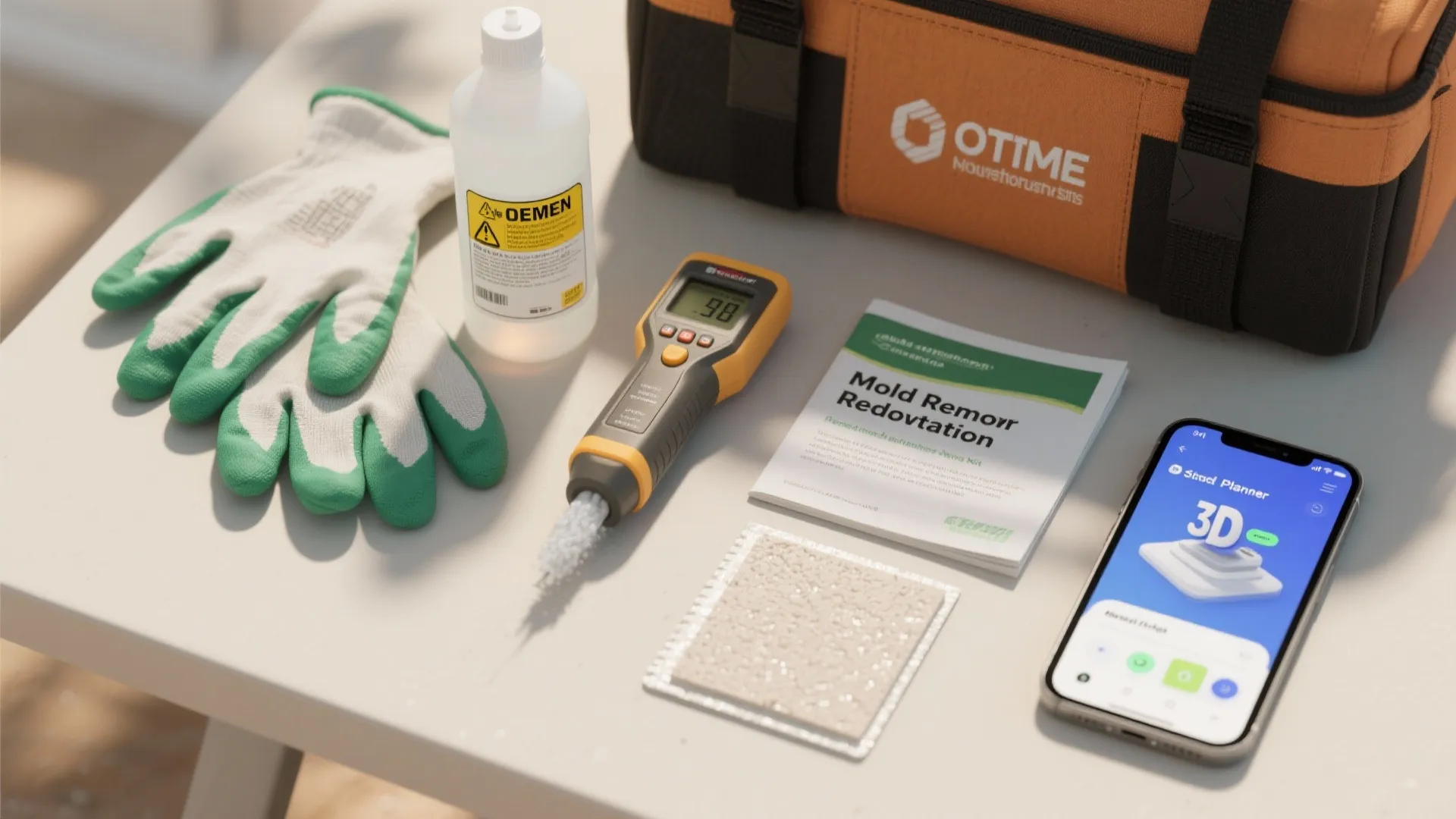 Professional cleaning kit with gloves liquid bottle digital meter manual and smartphone on a white table