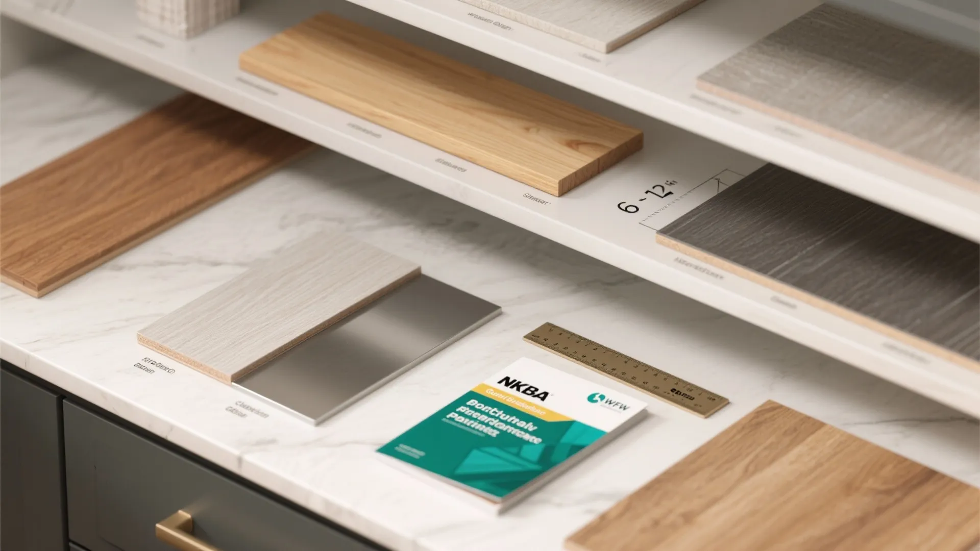 Interior design drawing board with wood floor samples metal plate ruler and kitchen design booklet