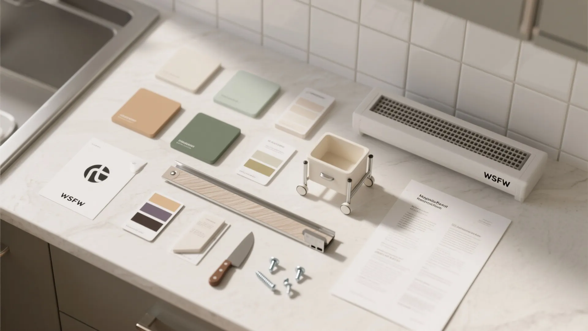 White kitchen countertop displaying various color swatches, paper documents, small tools, and some metal screws