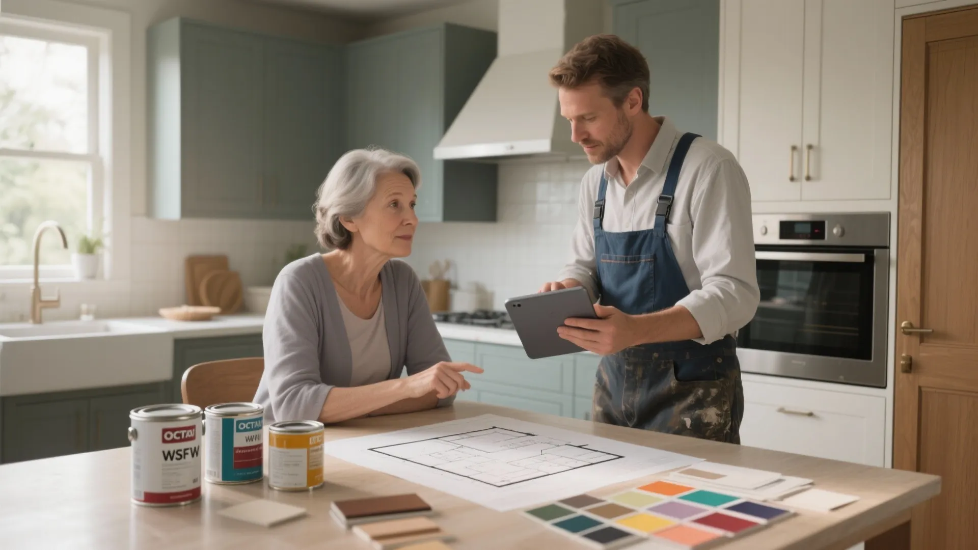 Interior designer showing tablet to woman while discussing house floor plan and color palette samples