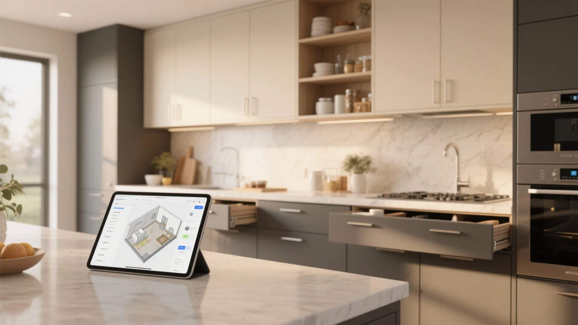 Compact kitchen vignette with neutral uppers, darker base cabinets and a tablet showing a 3D planner