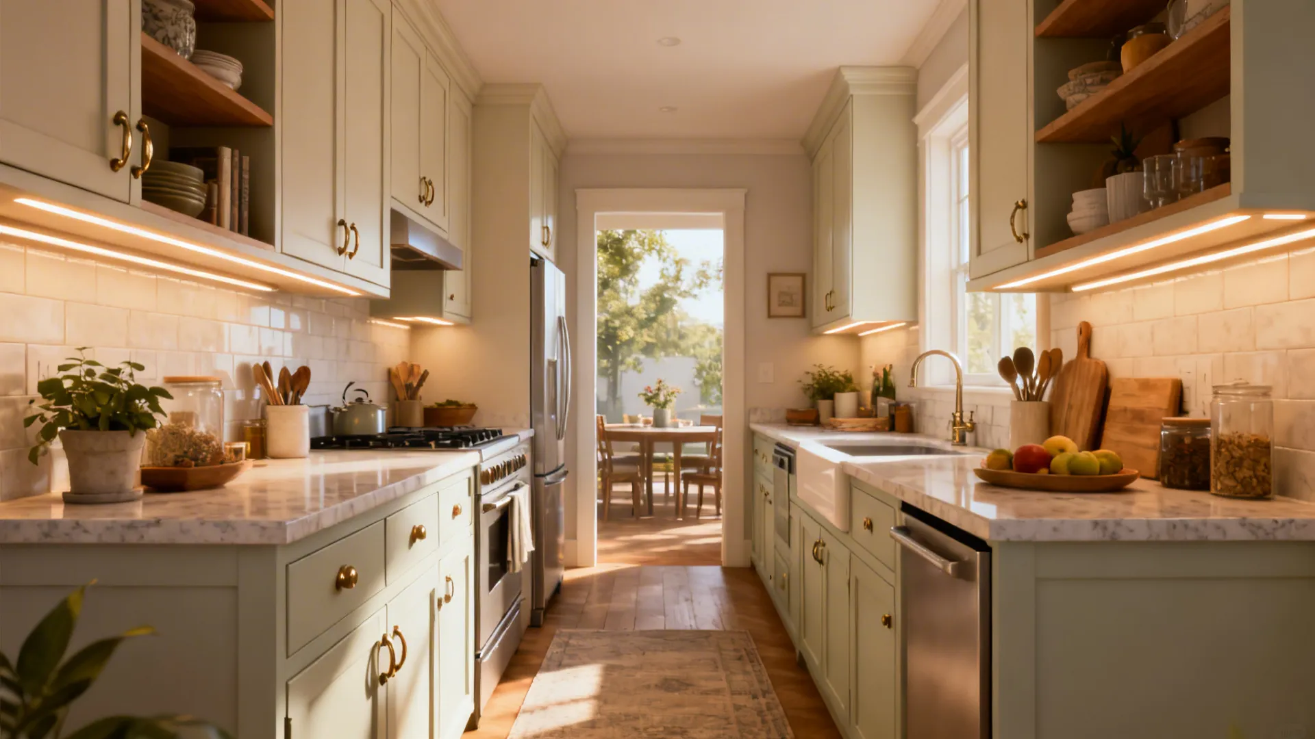 Small kitchen showing light-painted cabinets, new hardware and under-cabinet lighting