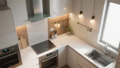 Modern L-Shaped Kitchen with Marble Countertops & Smart Lighting