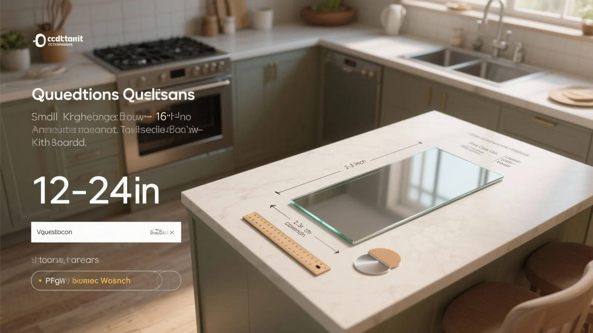 Kitchen island with marble top showing measurement dimensions for a glass board and wooden ruler