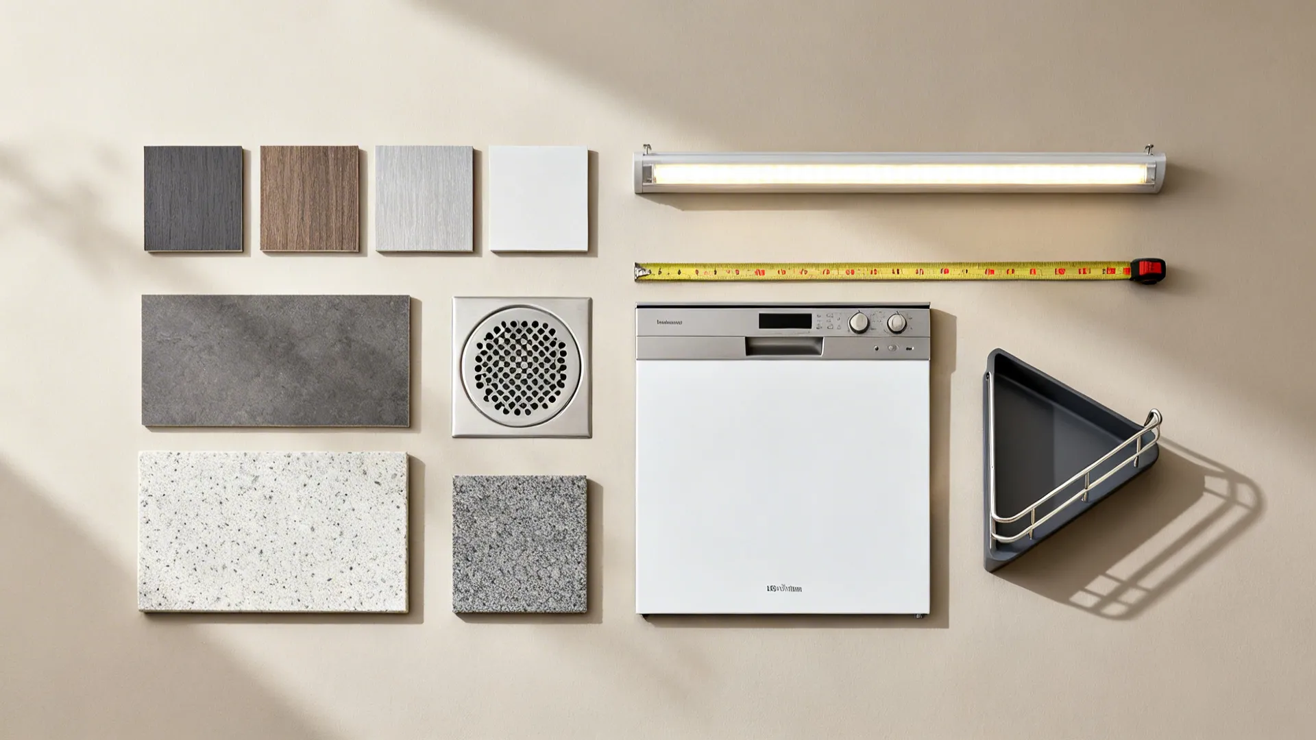 Collection of kitchen materials including floor tiles wood samples dishwasher light fixture and a measuring tape