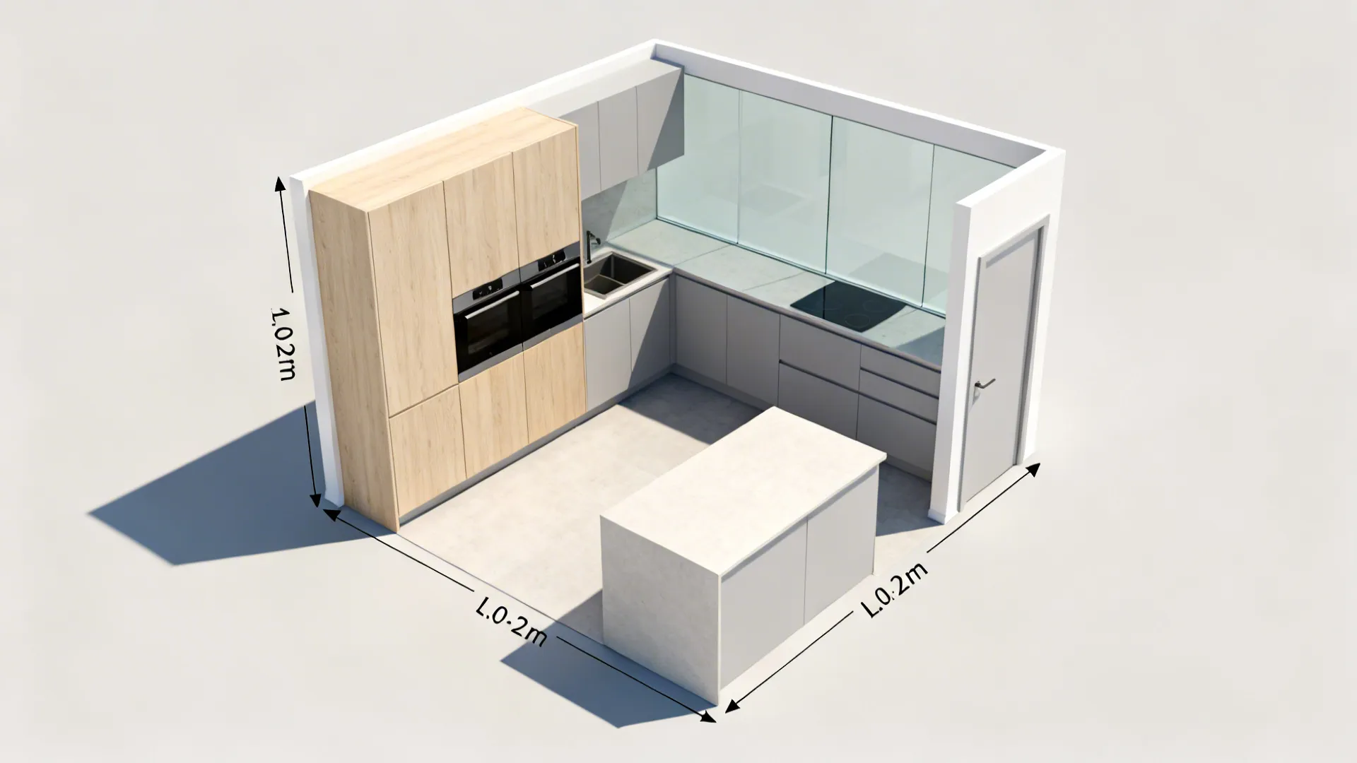 Top-down compact kitchen render illustrating clear aisle space, door swings, and efficient L-shaped zones.