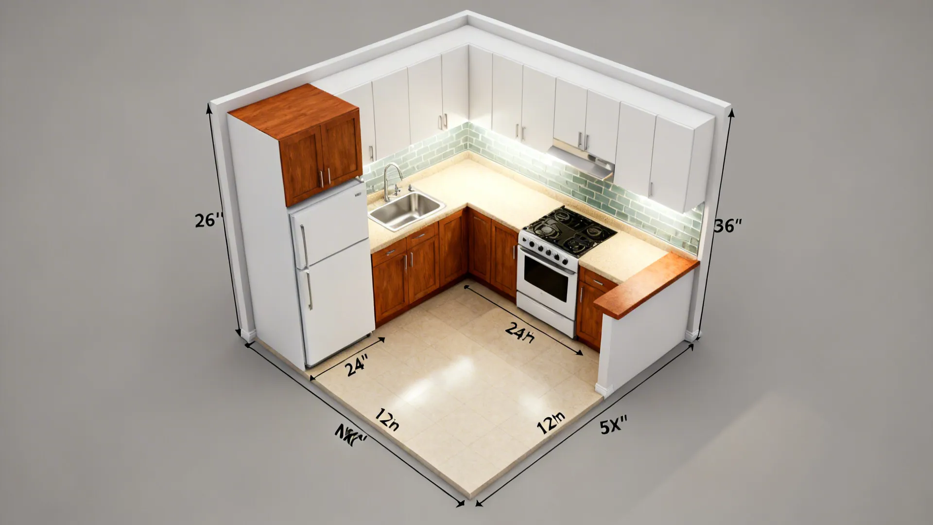 Small L-shaped kitchen layout drawing showing white cabinets wood base units and marked clearance dimensions