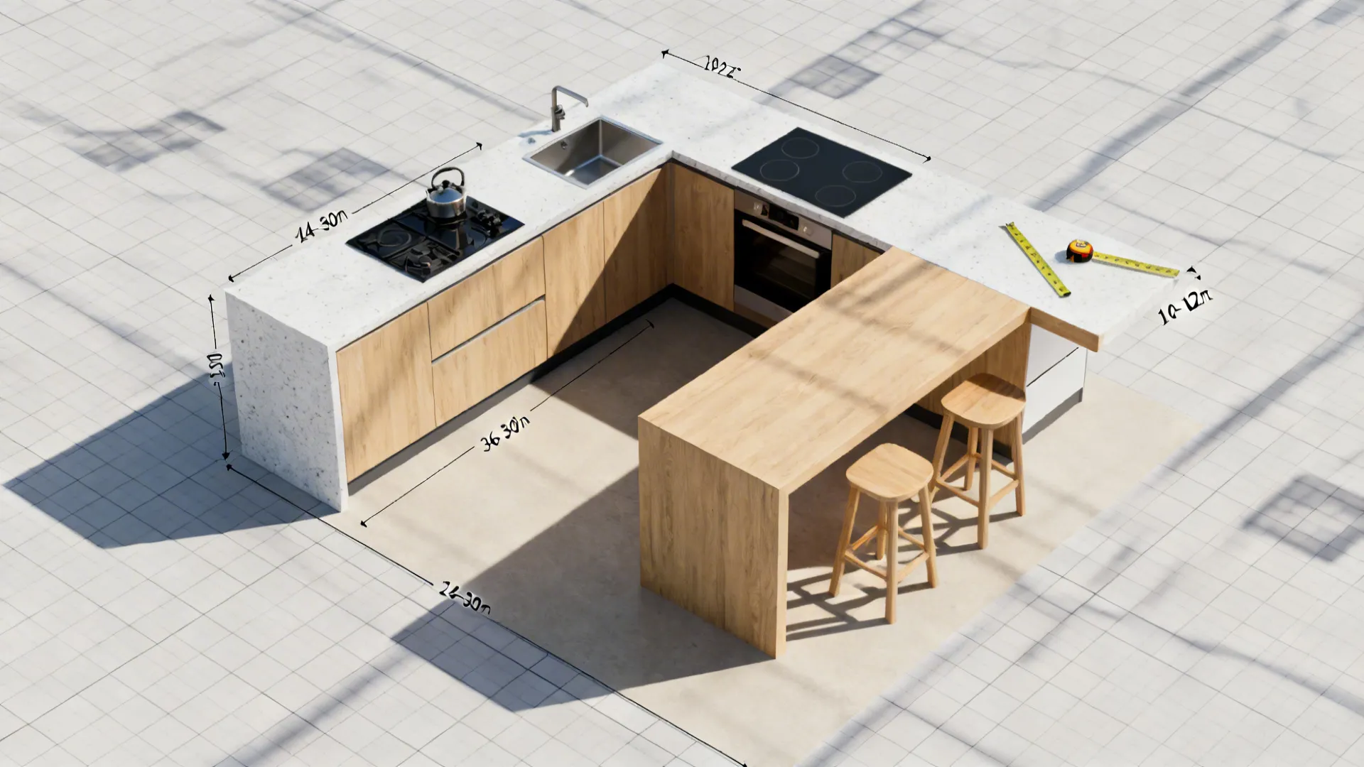 Top-down planning view showing compact island width, aisle clearance, and overhang proportions.