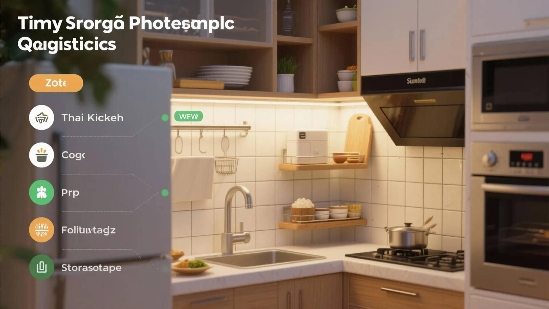 Collage illustrating zoning, ventilation and storage tips for a tiny Thai kitchen