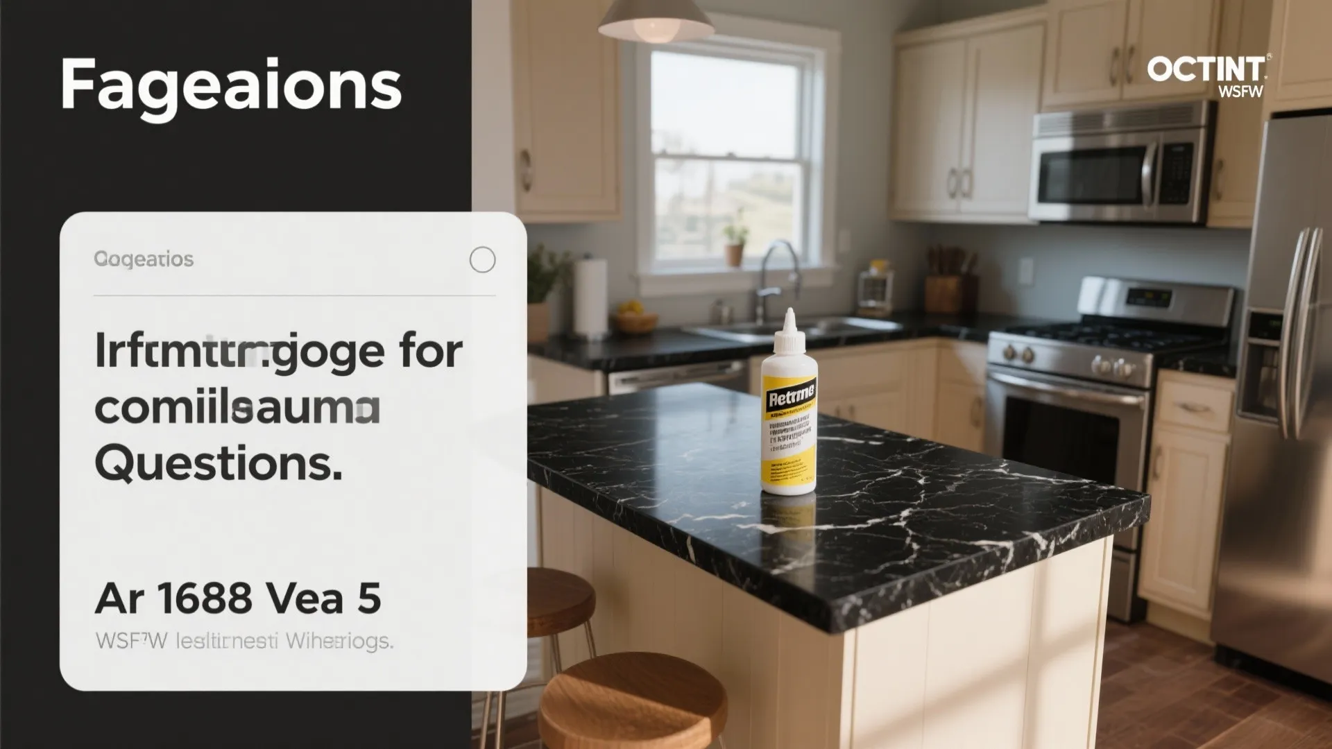 Kitchen island with black marble countertop and white bottle under text for frequently asked questions
