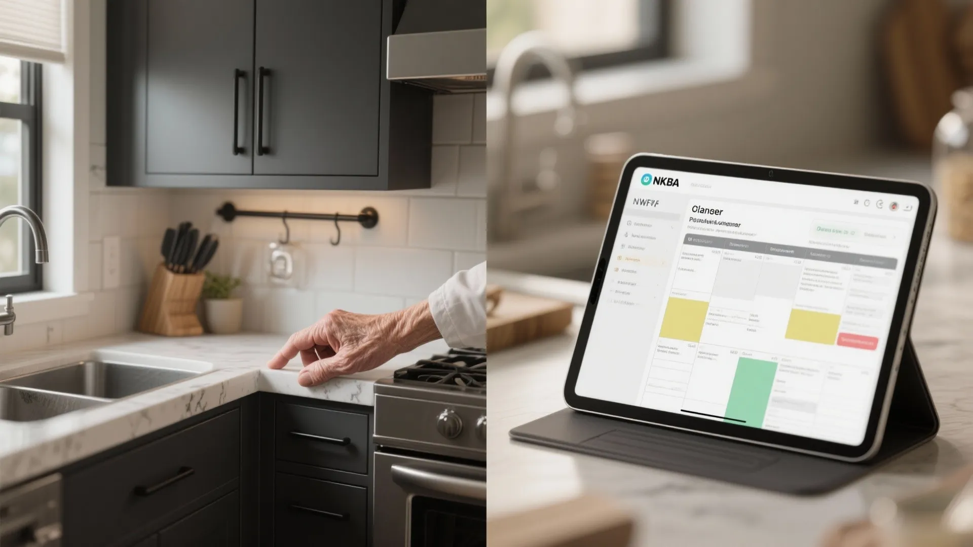 Collage showing slim black pulls in a small kitchen, finish close-up and accessibility example