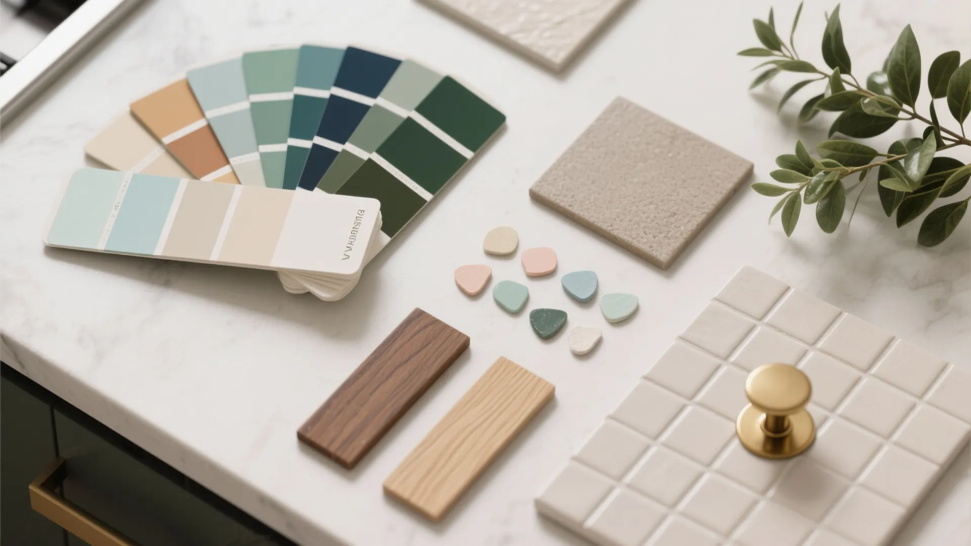 Kitchen material board with green paint swatches wood samples tiles and gold handle on marble