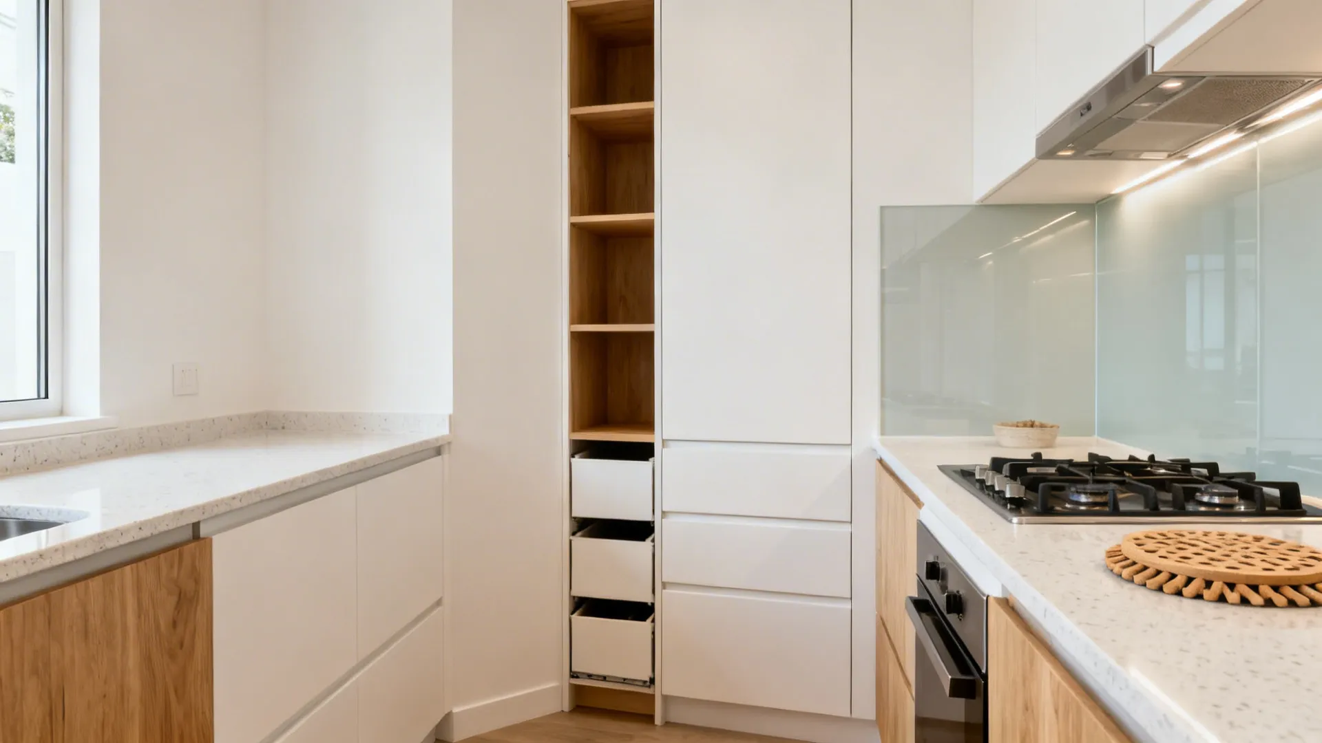 Compact kitchen corner with clear aisle, quartz counter, glass backsplash, and pantry drawers.