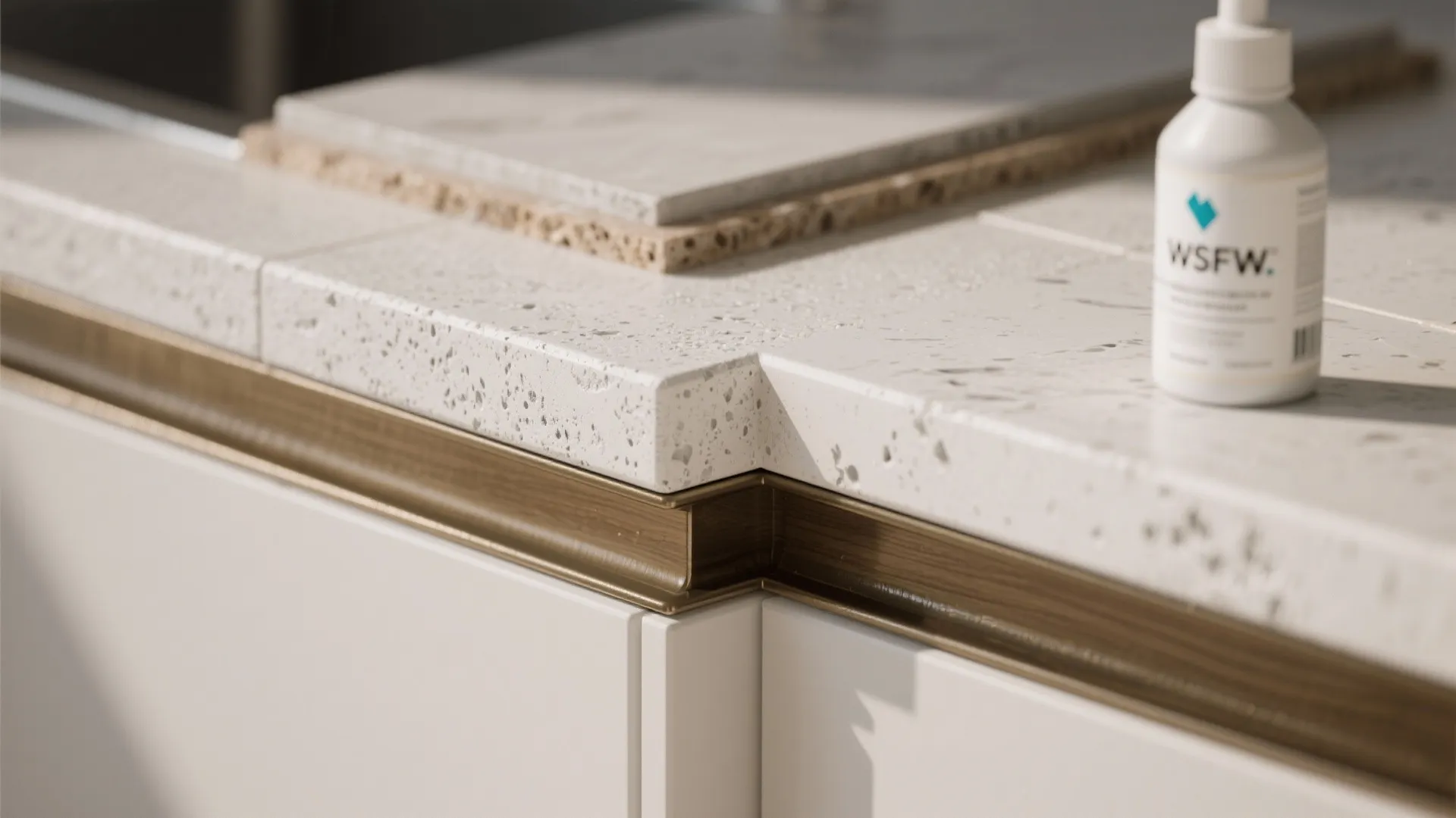 Close up of white speckled stone countertop with gold metal trim and white cabinet door