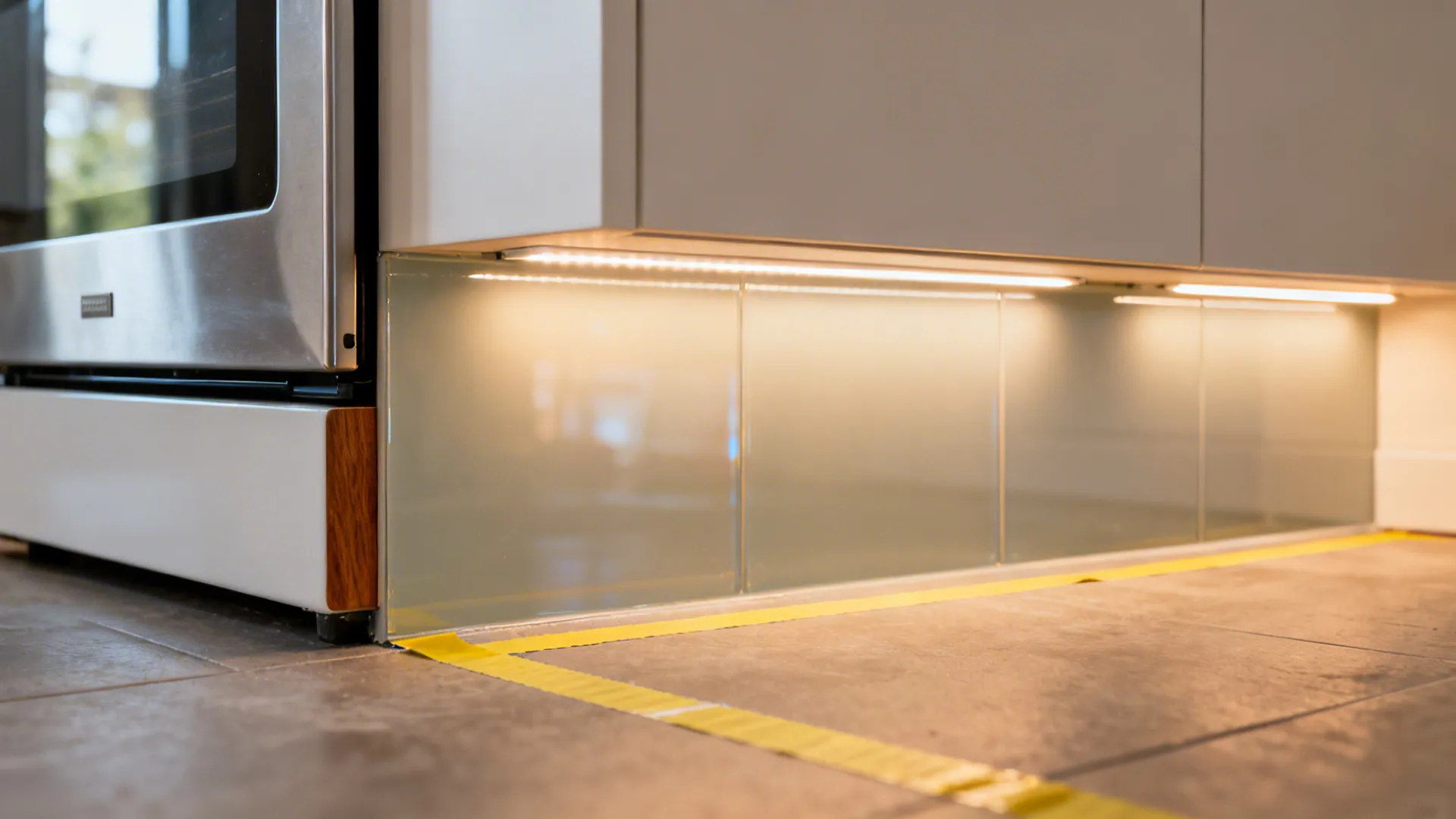 Close-up of LED task lighting on a reflective backsplash with tape outlines on the floor.