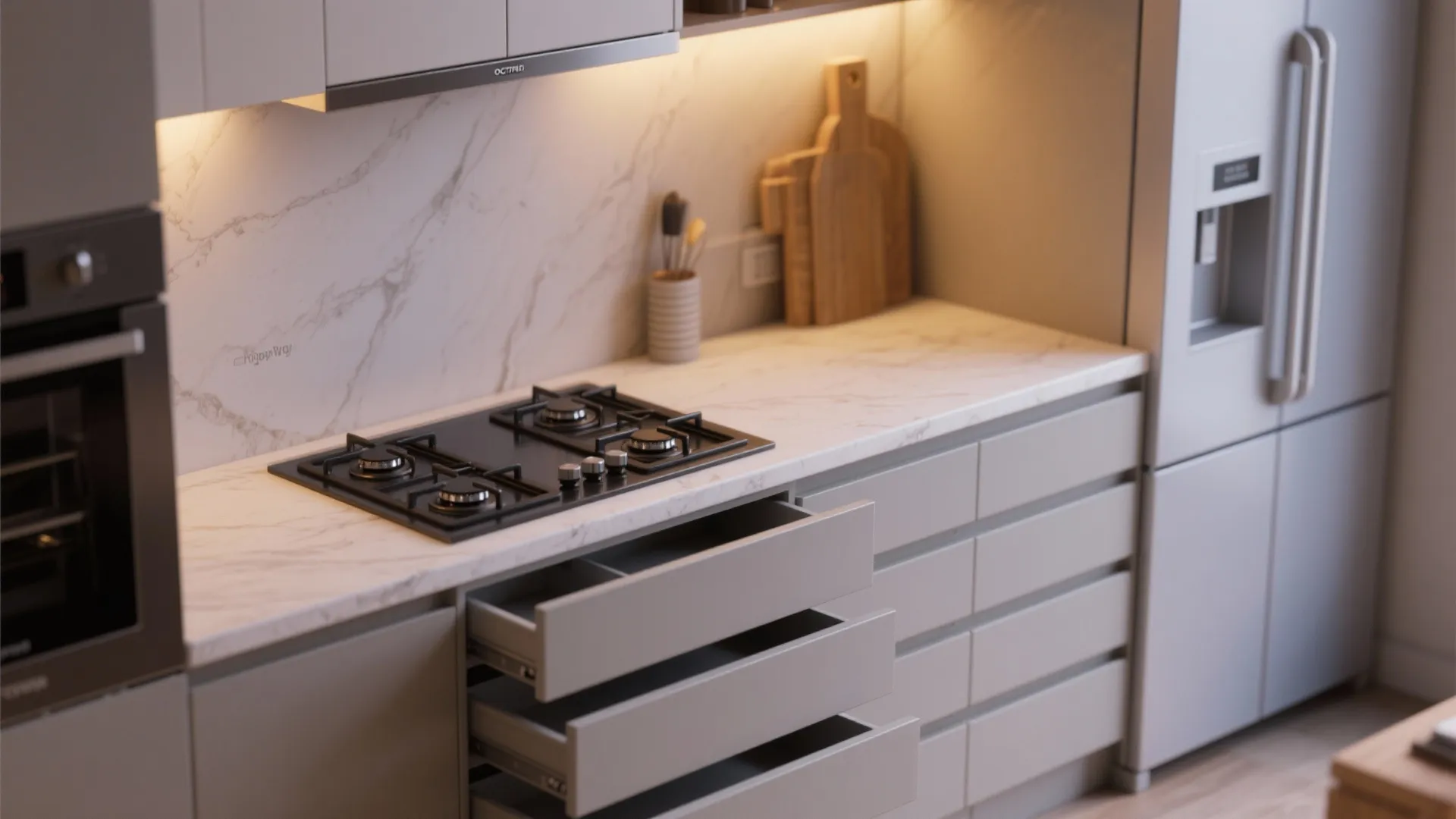 Close-up of compact appliances and lighting solutions in a studio kitchen.