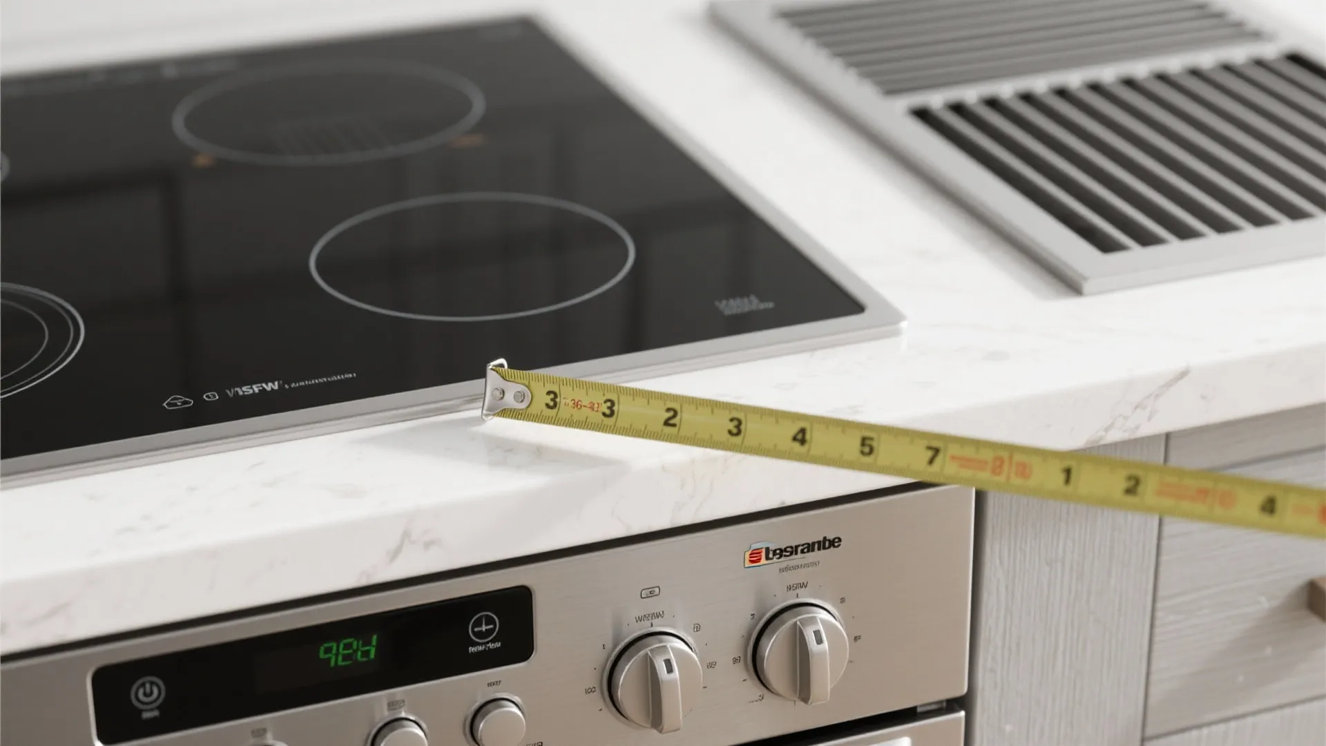 Yellow measuring tape checking the size of a black electric stovetop on a white countertop