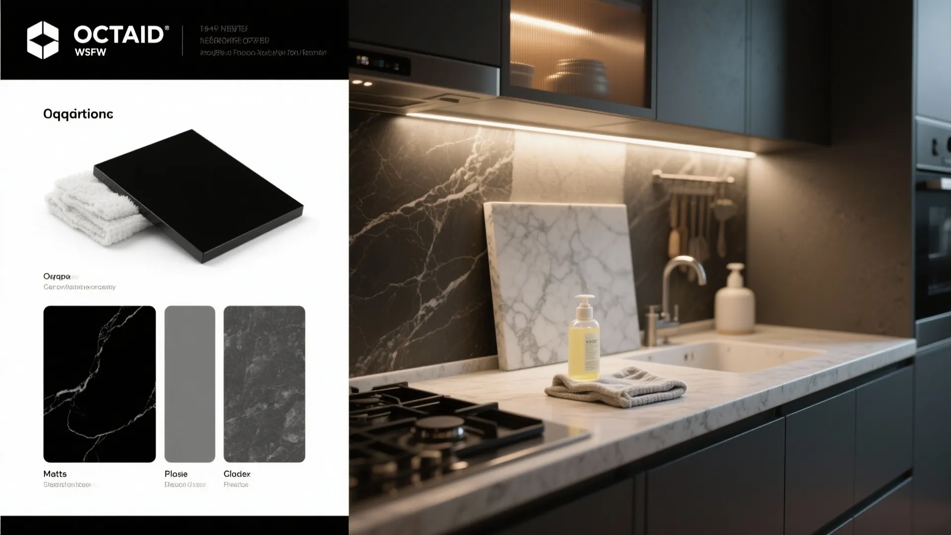 Infographic showing dark kitchen design with marble wall panels and different cabinet material color options