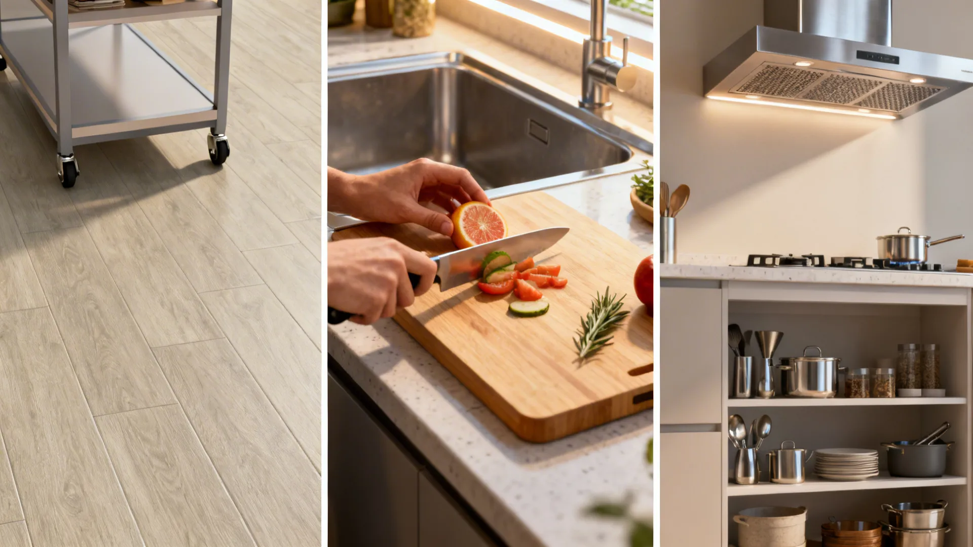 Collage of studio kitchen details: over-sink board, rolling island, flooring and ventilation.