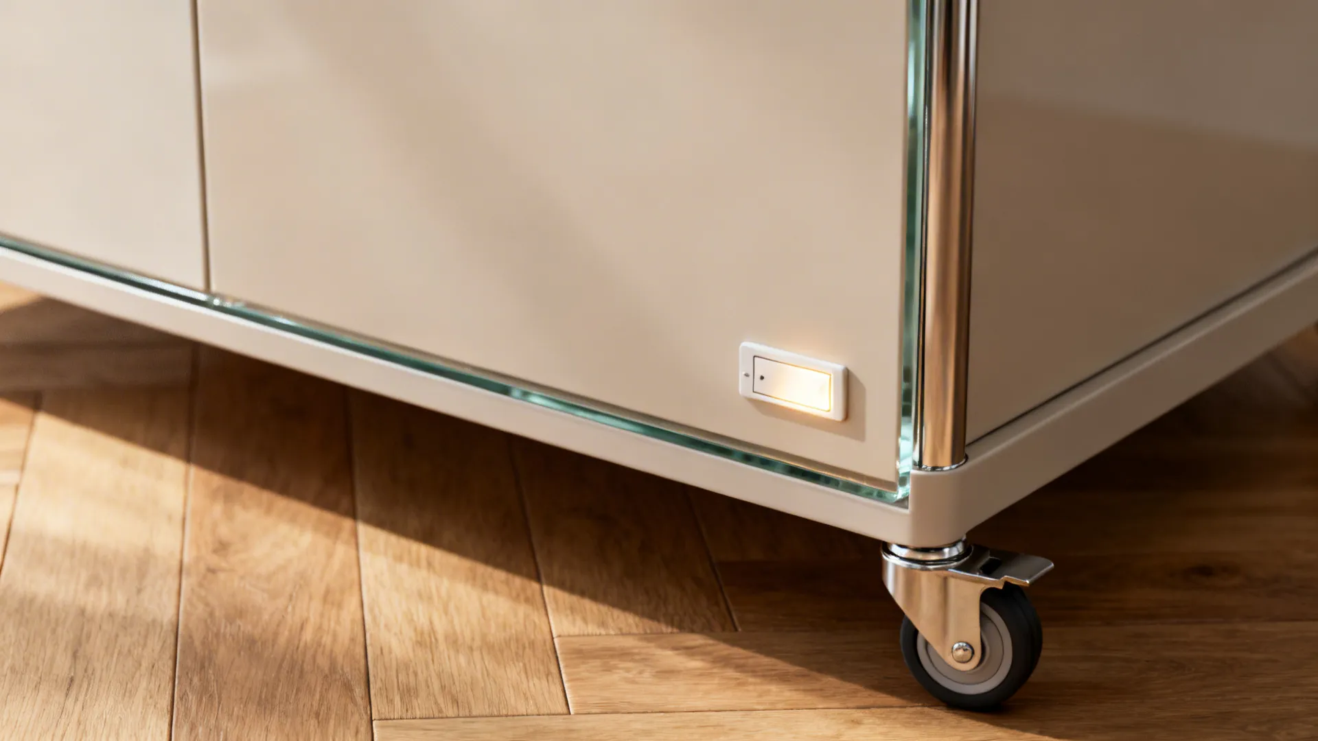 Macro of back-painted glass edge, matte cabinet finish, dimmer control, and mobile cart wheel.