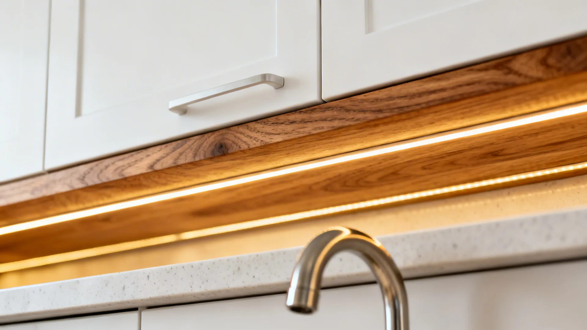 Macro view of matte white cabinet, oak trim, LED task light, and brushed nickel faucet details.
