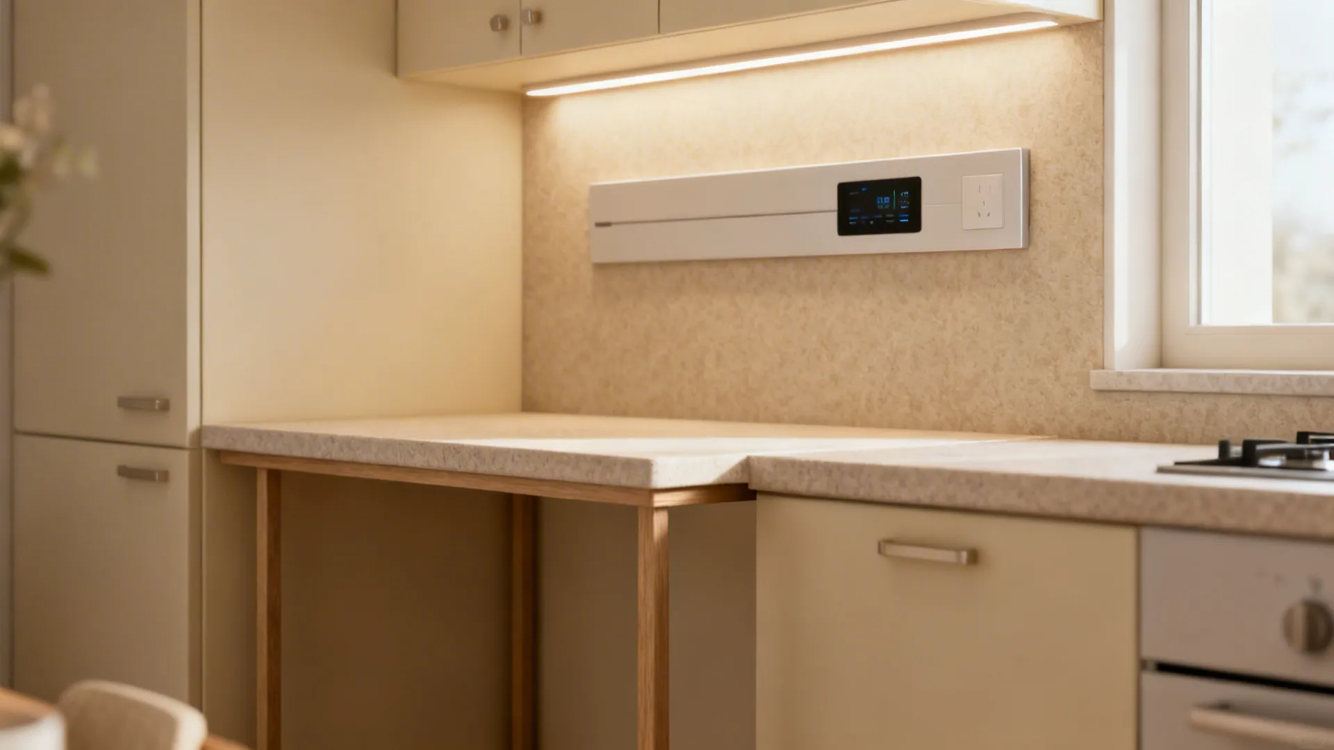 Small kitchen details highlighting durable surfaces, smart lighting, and narrow island options.