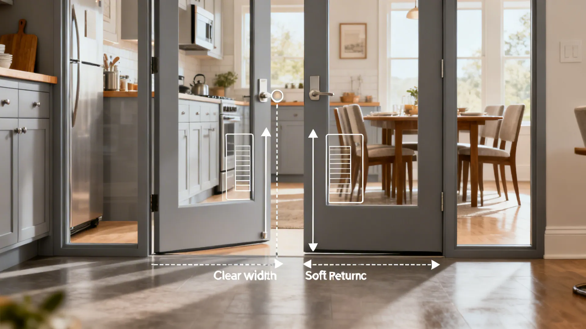 Editorial scene highlighting door width, rated glazing, quiet pivots, and cleanable finishes.