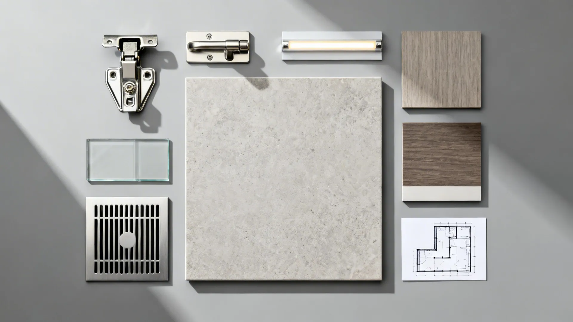 Flat lay of hinges, push latches, toe-kick grille, glass and porcelain samples, LED strip, and layout sketch.