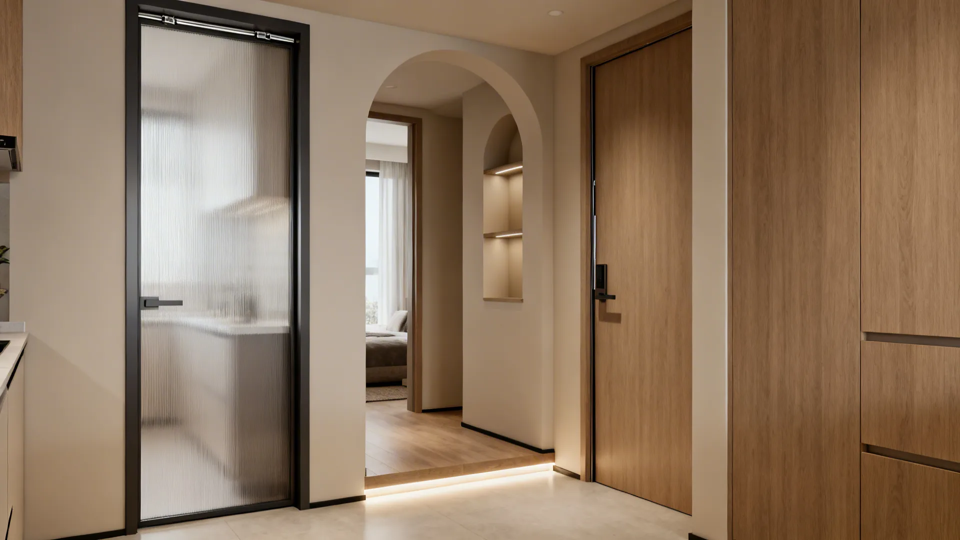 Montage scene of compact kitchen entrance solutions: frosted slider, pocket door, arch niche, L-turn, and lit threshold.