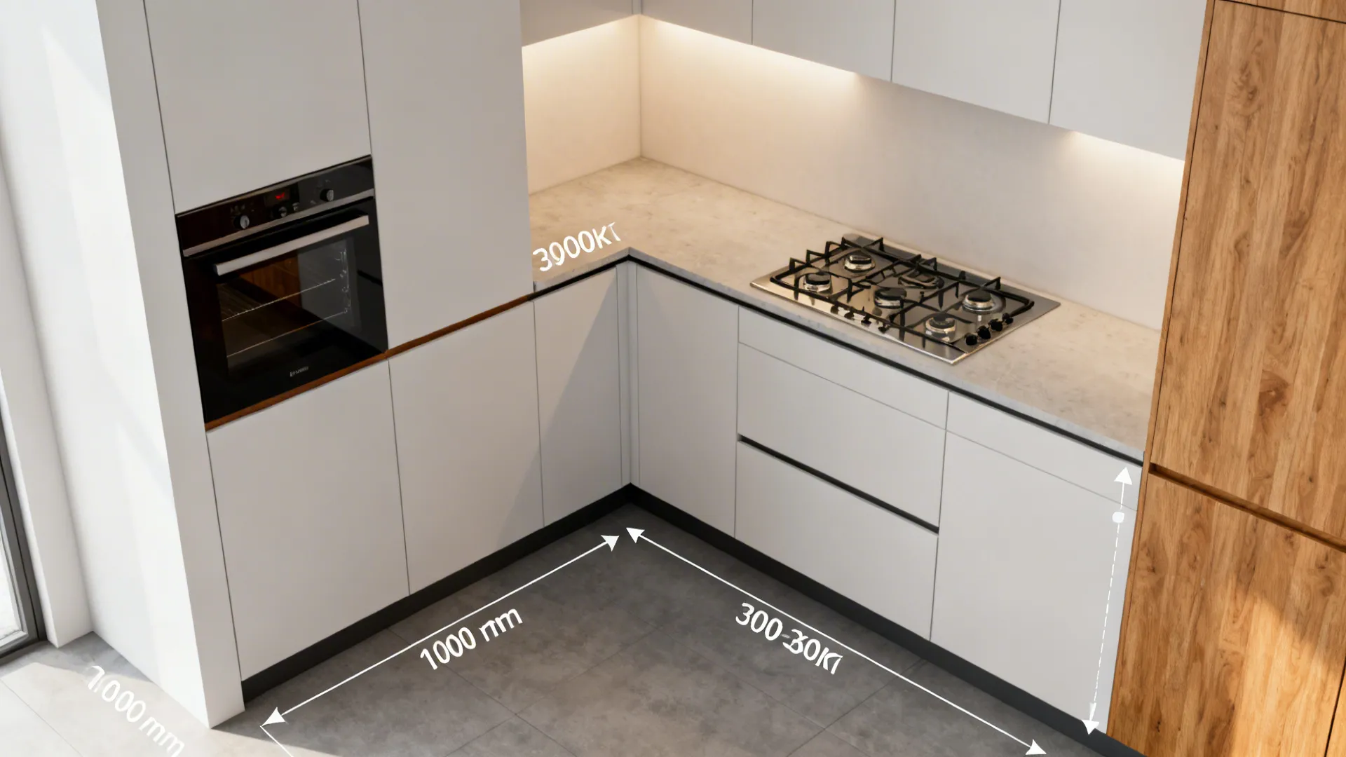Kitchen interior design drawing with dimensions showing white cabinets, black oven, stove, and wood panel