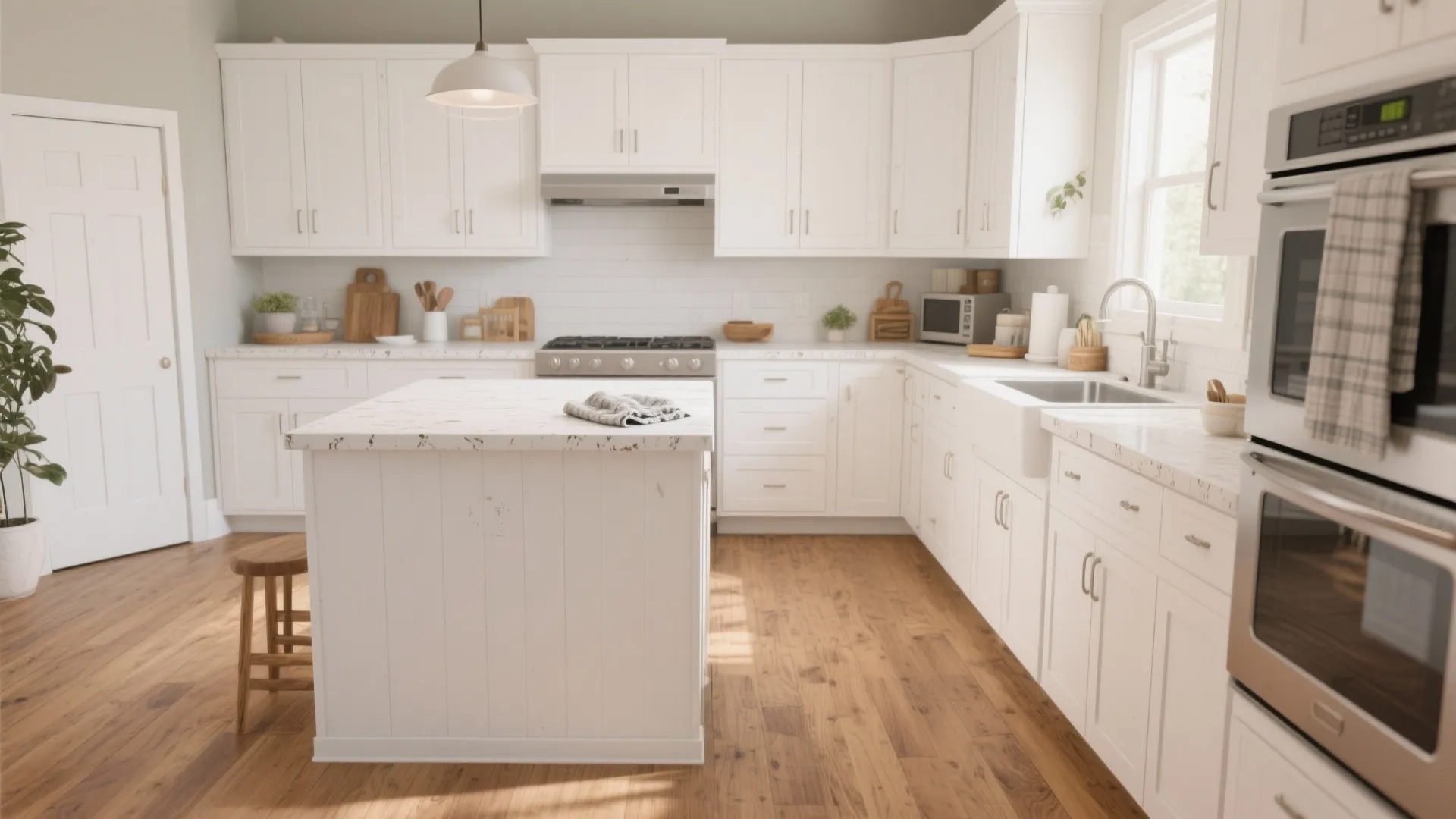 Spacious white kitchen design with large central island wooden floor double oven and ceiling light