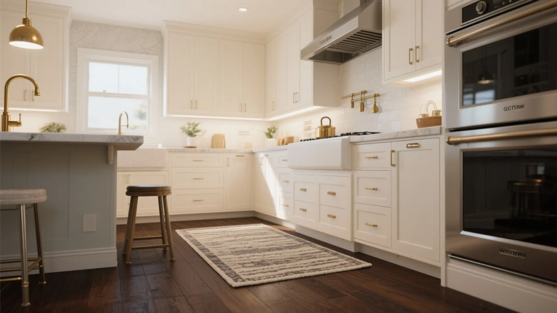 Kitchen examples illustrating whites, dark floors, mixed metals, rugs and lighting