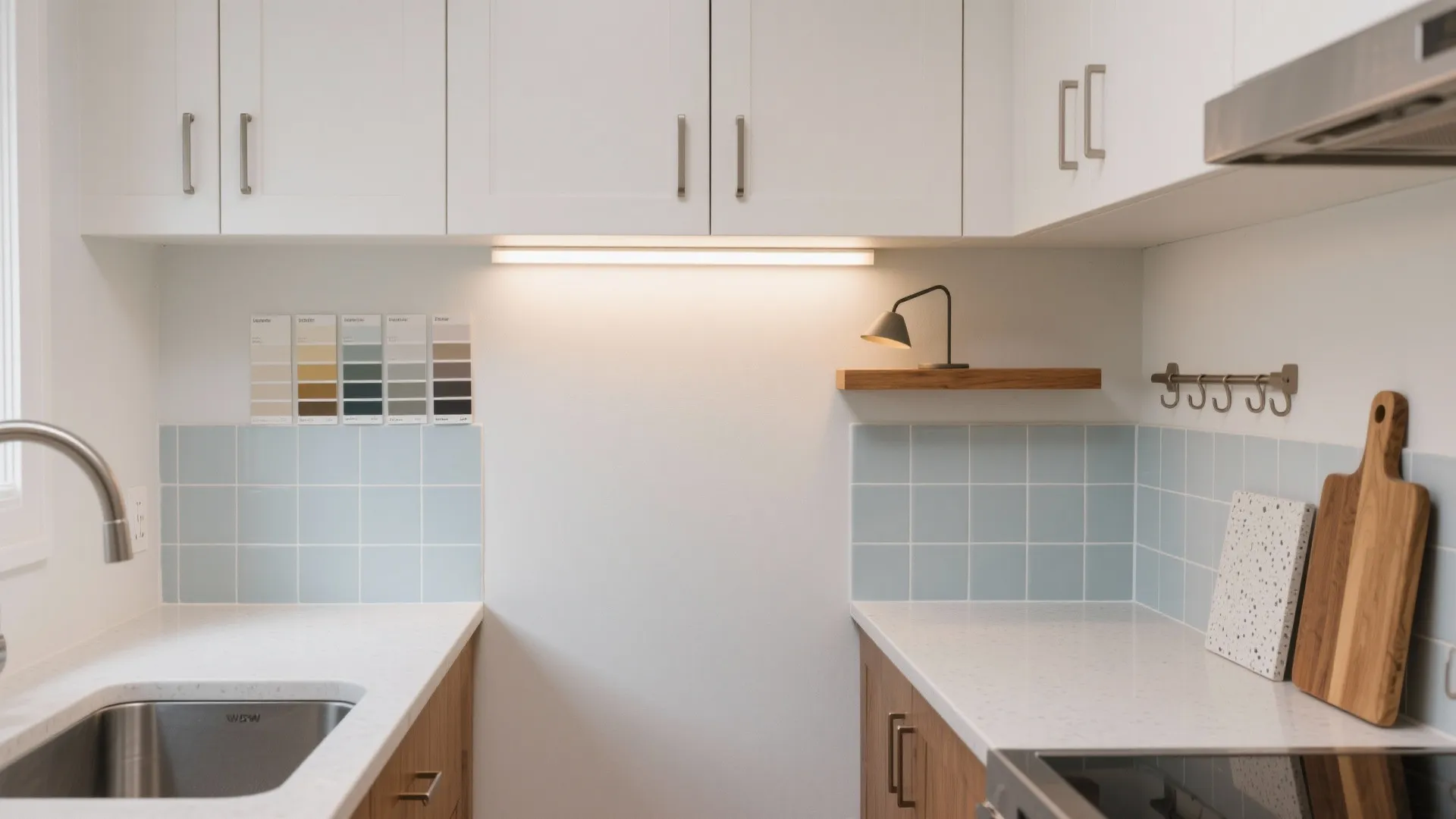 Modern white kitchen cabinet with light blue tiles wooden cutting boards and integrated shelf lighting design