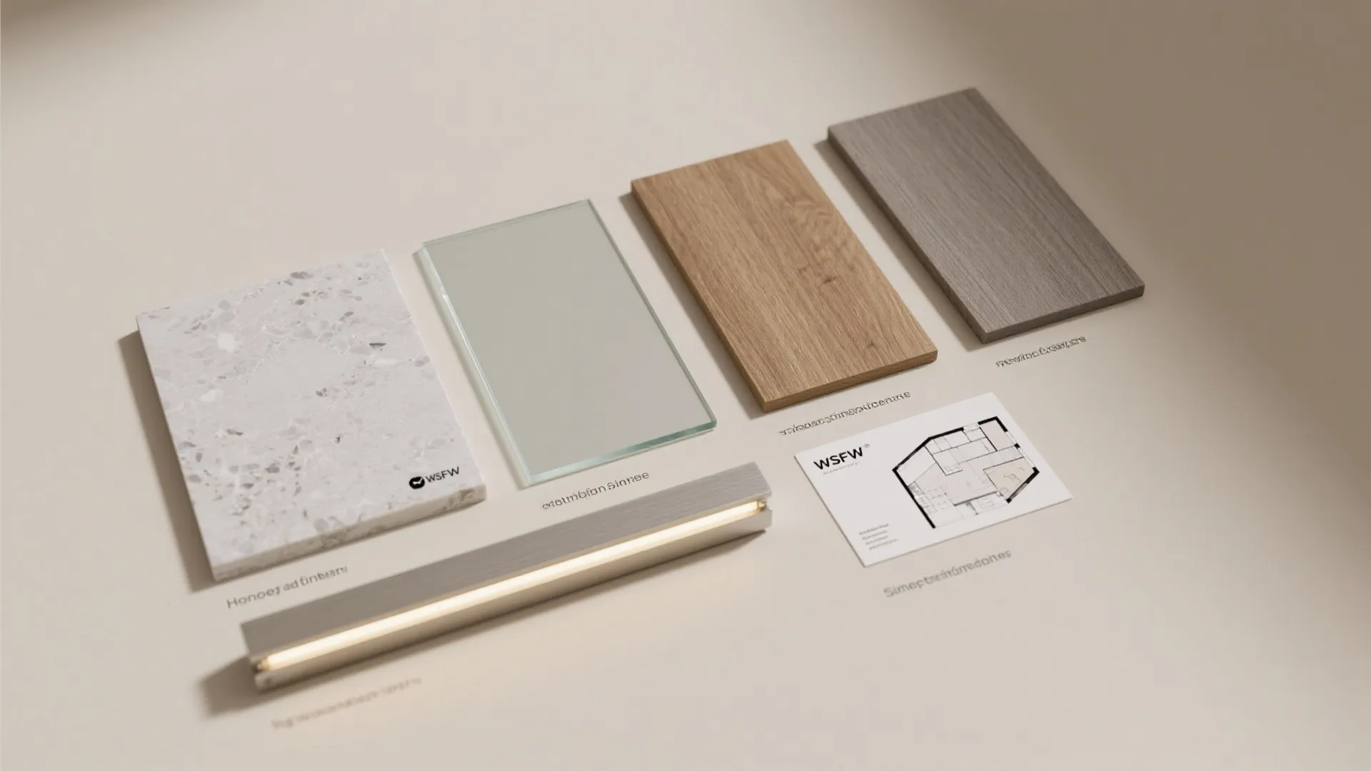 Flatlay of kitchen materials including marble glass wood samples light fixture and small floor plan