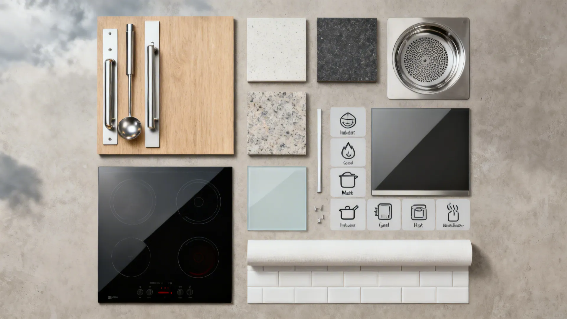 Top-down flat lay of kitchen materials and components addressing common FAQs.