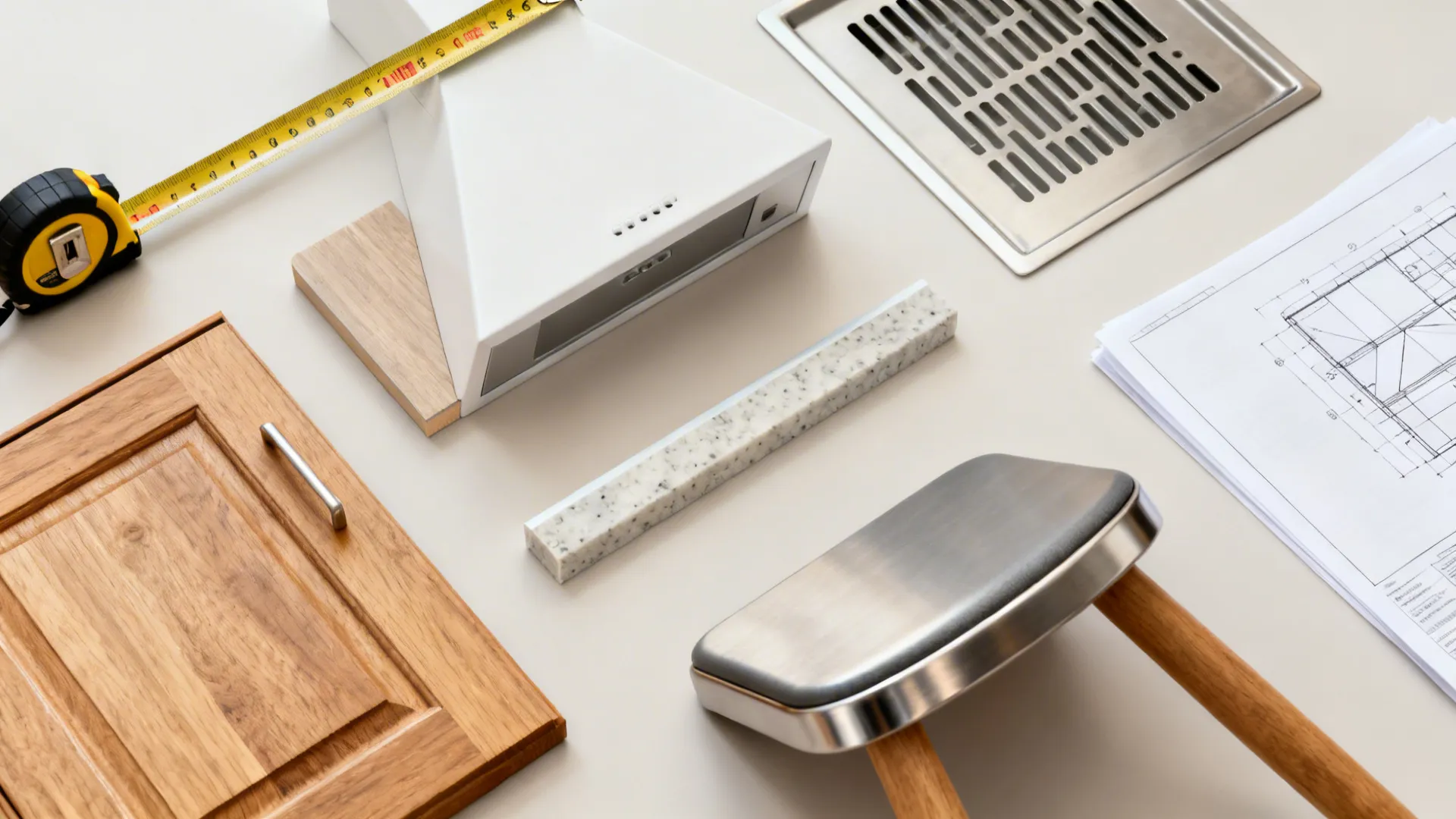 Flat-lay of measurement tools and kitchen material samples for planning dimensions.