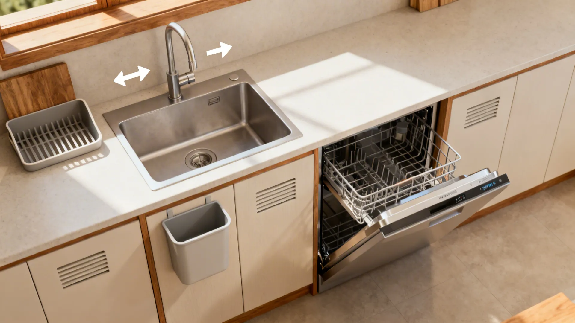 Top-down kitchen vignette showing short routes, ventilation cutouts, and a staging shelf.