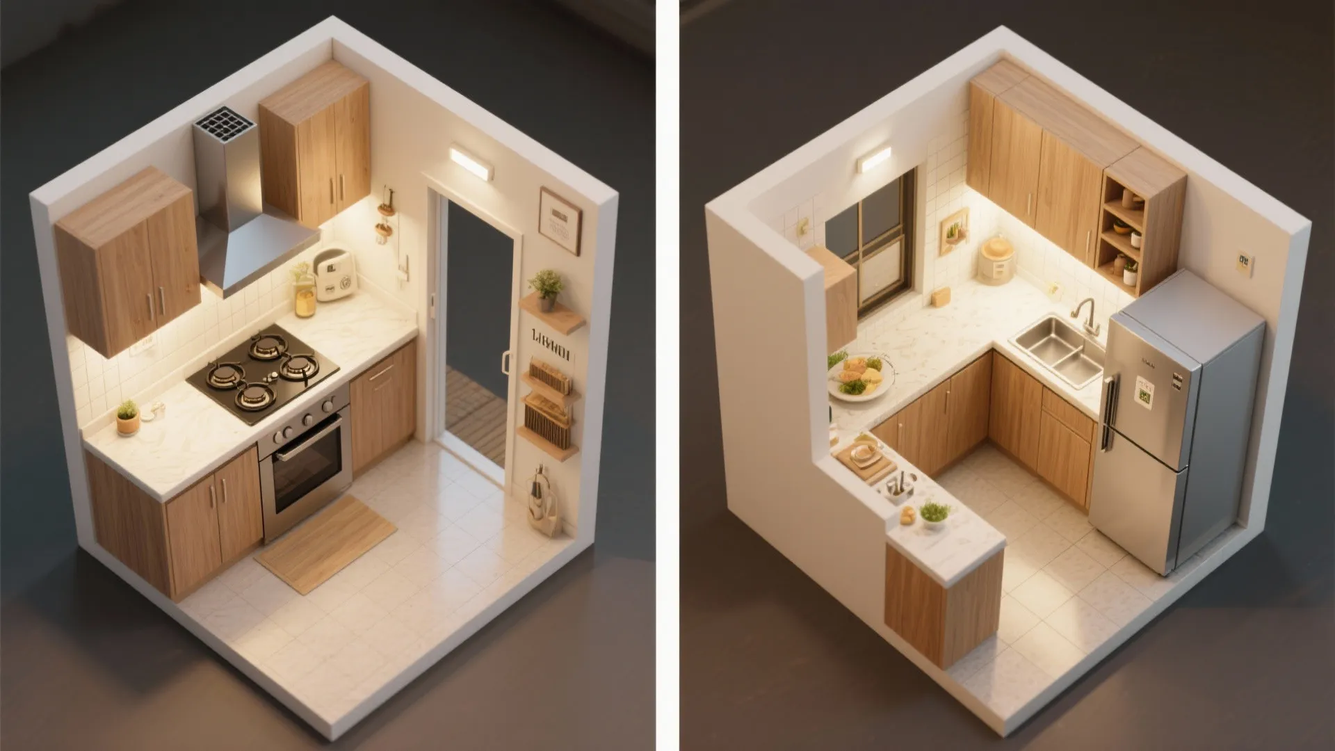 Top-down comparison of galley and L-shaped small kitchen layouts in a 1 BHK Mumbai apartment with ventilation and landing zones.