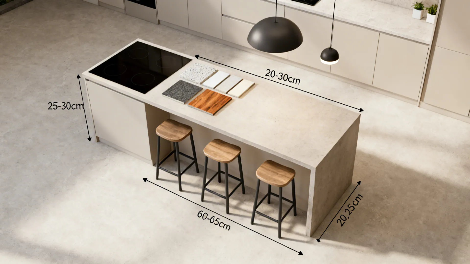 Top-down scene visualizing overhangs, stool spacing, aisle clearance, materials, and pendant sizing.
