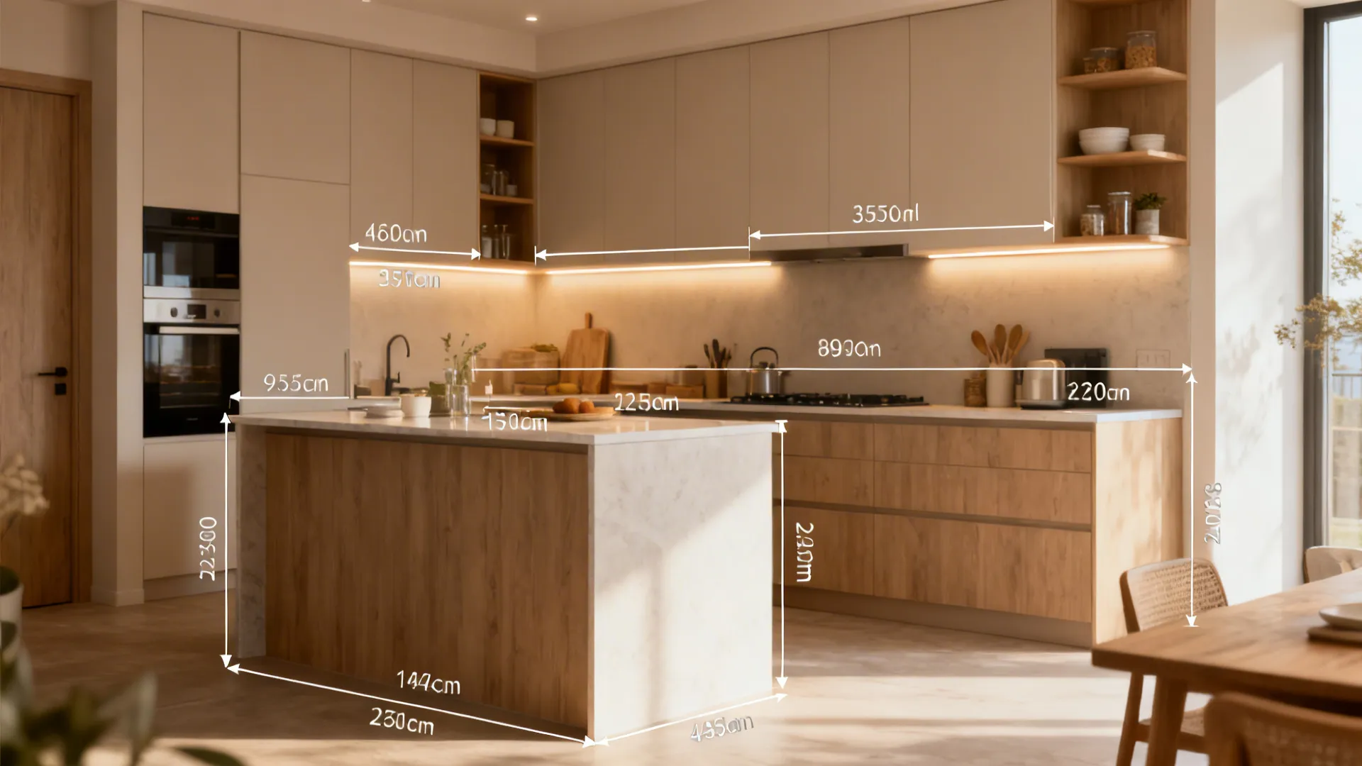 Single-wall small kitchen with a short peninsula, clear counters, and under-cabinet lighting showing good circulation.