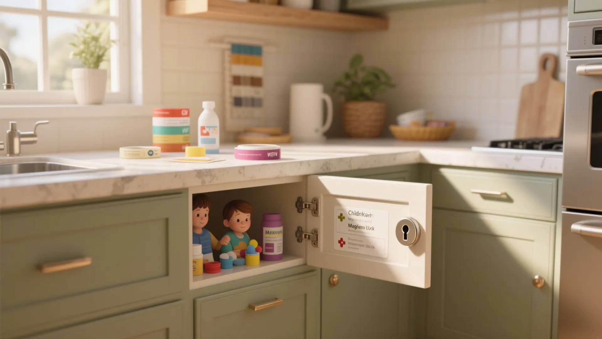 Open green kitchen cabinet showing child safety lock and toy figures inside on a counter