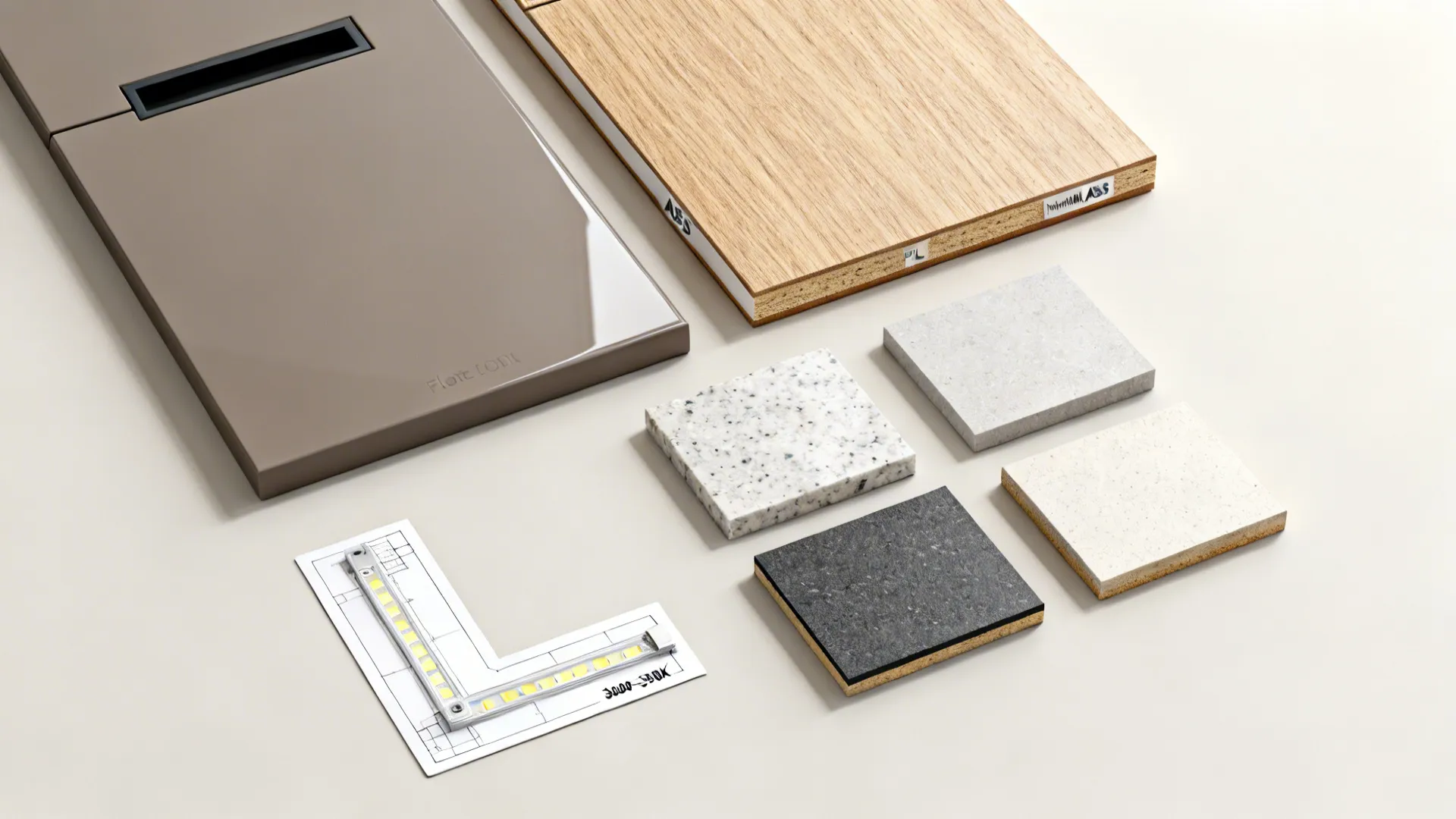 Top-down materials and layout card illustrating cabinet, counter, and lighting choices for small Filipino kitchens.