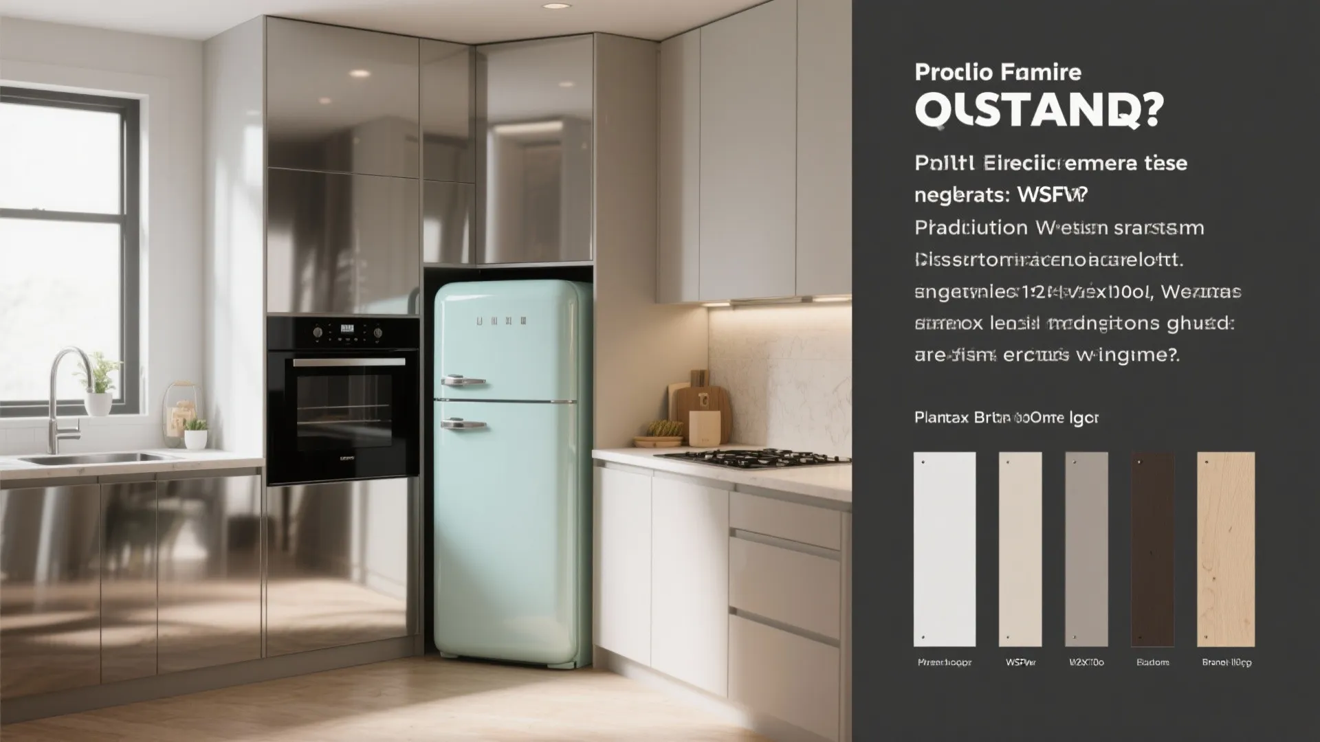 Montage of small kitchen scenes illustrating appliance finish questions and answers.