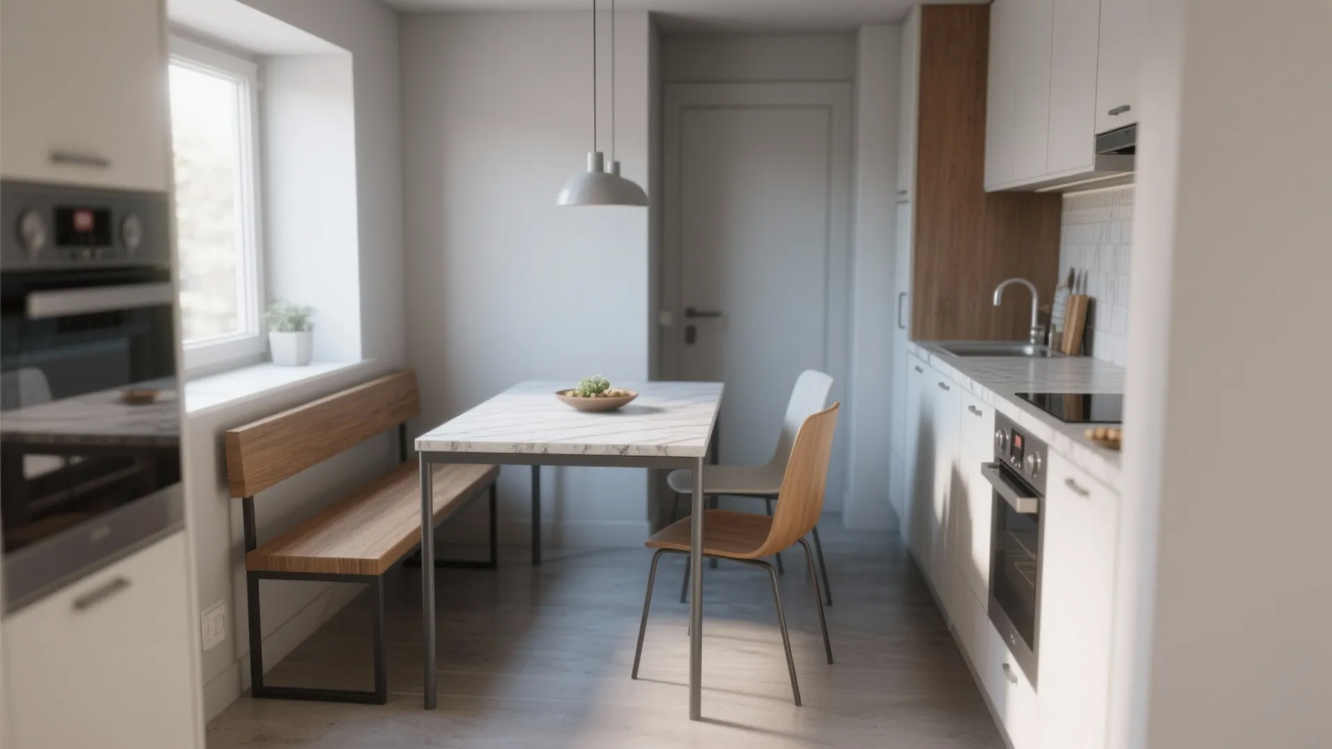 Three-piece dining set in a galley kitchen nook illustrating suitability for daily use.