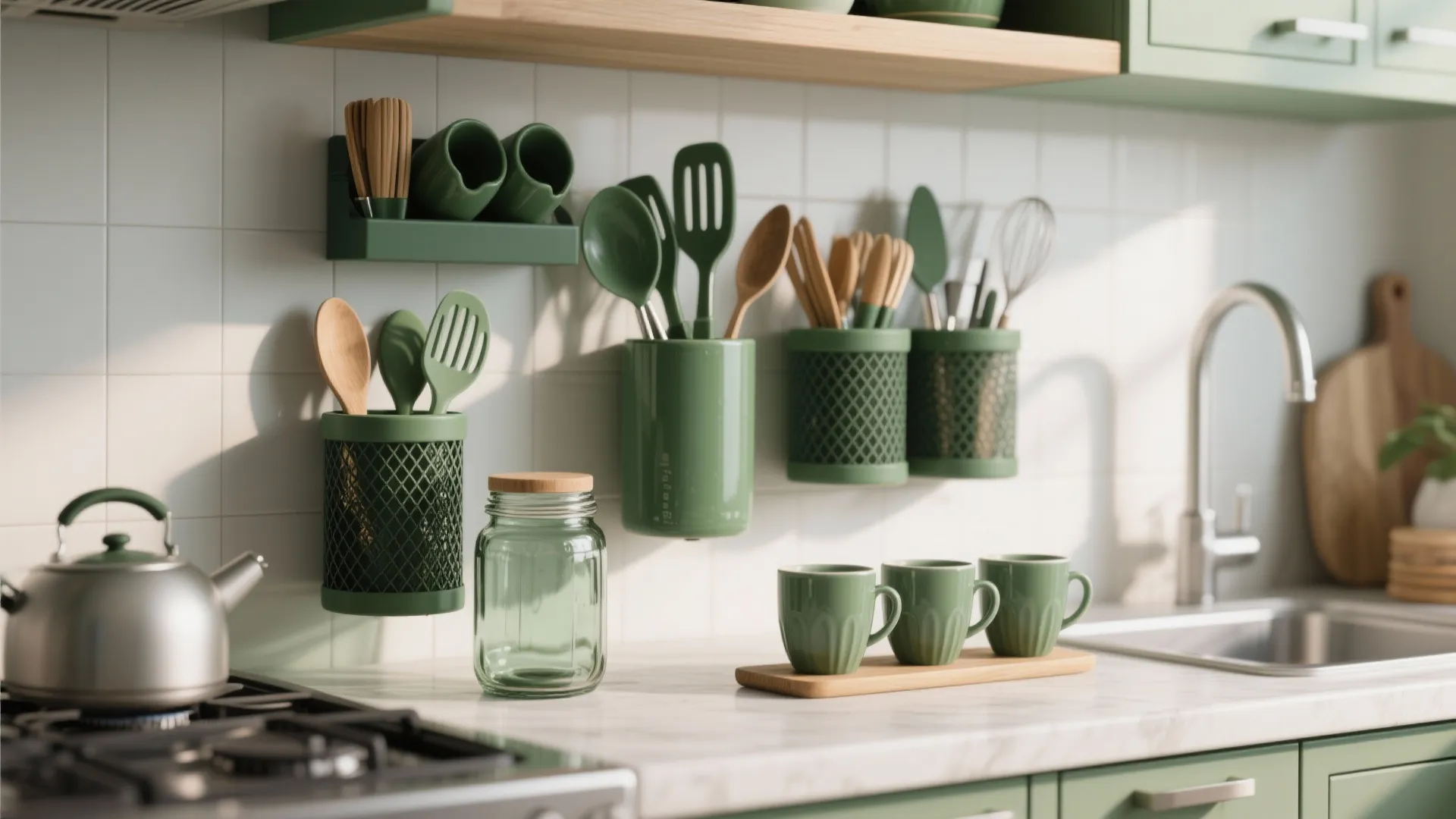 Green kitchen wall with hanging tool holders, matching utensils, glass jar, cups, and silver kettle