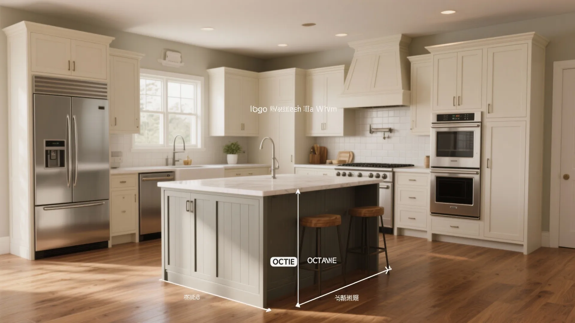 Montage showing flooring, cabinet styles, and appliance finishes for a white kitchen with a gray island and clearance considerations.